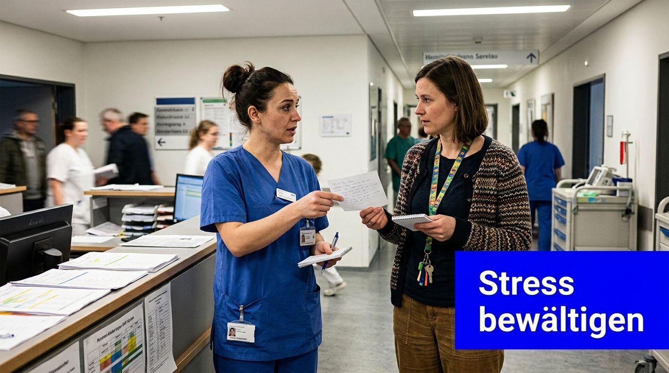 Zwei Frauen unterhalten sich in einem Krankenhausflur vor einem Empfangstresen über medizinische Notizen zur Stressbewältigung.