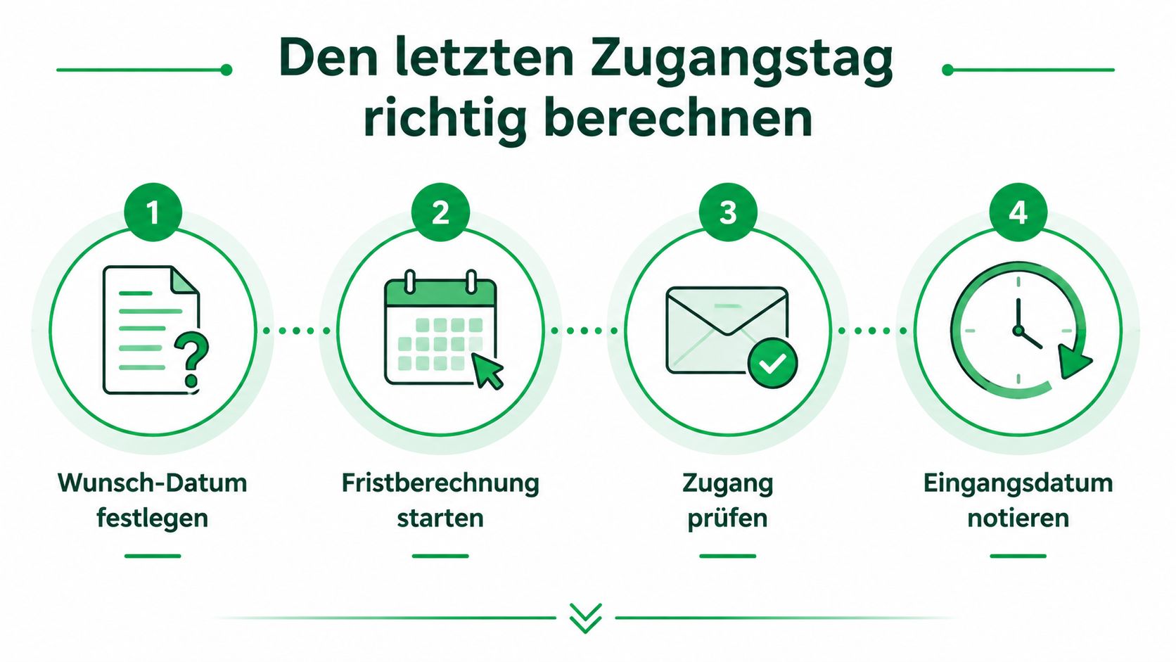 Infografik zeigt die vier Schritte zur korrekten Berechnung des letzten Zugangstages einer Frist, beginnend beim Wunschdatum.