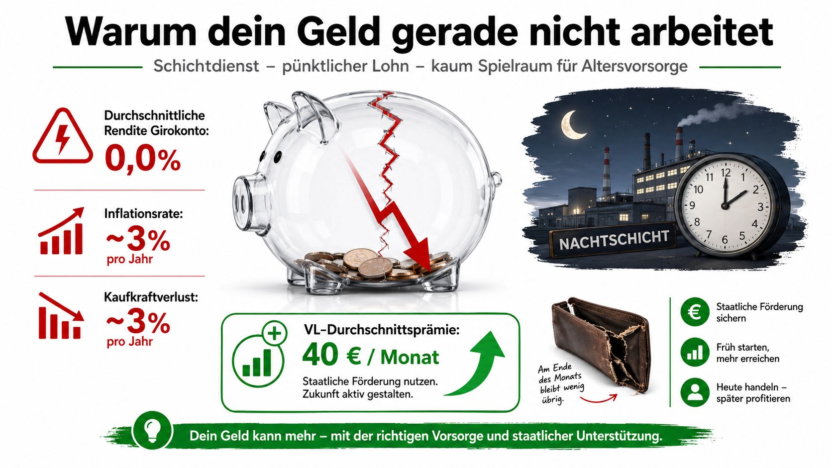 Infografik zur Problematik von Geldanlage, Inflation und staatlicher Förderung durch vermögenswirksame Leistungen bei Schichtarbeit.