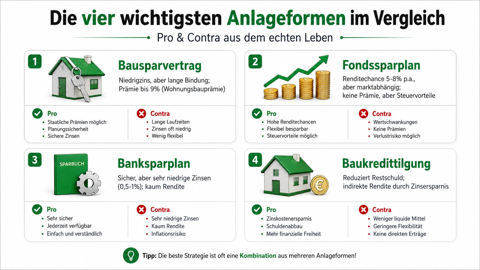 Vergleich der vier wichtigsten Anlageformen mit Pro- und Contra-Argumenten für eine fundierte finanzielle Entscheidung.