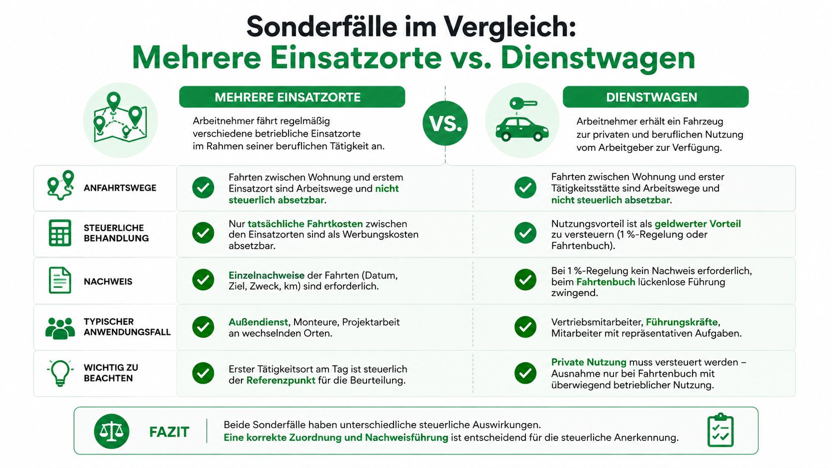 Vergleichsgrafik zwischen verschiedenen Einsatzorten und Dienstwagen hinsichtlich steuerlicher Auswirkungen, Nachweispflichten und betrieblicher Nutzung für Arbeitnehmer.