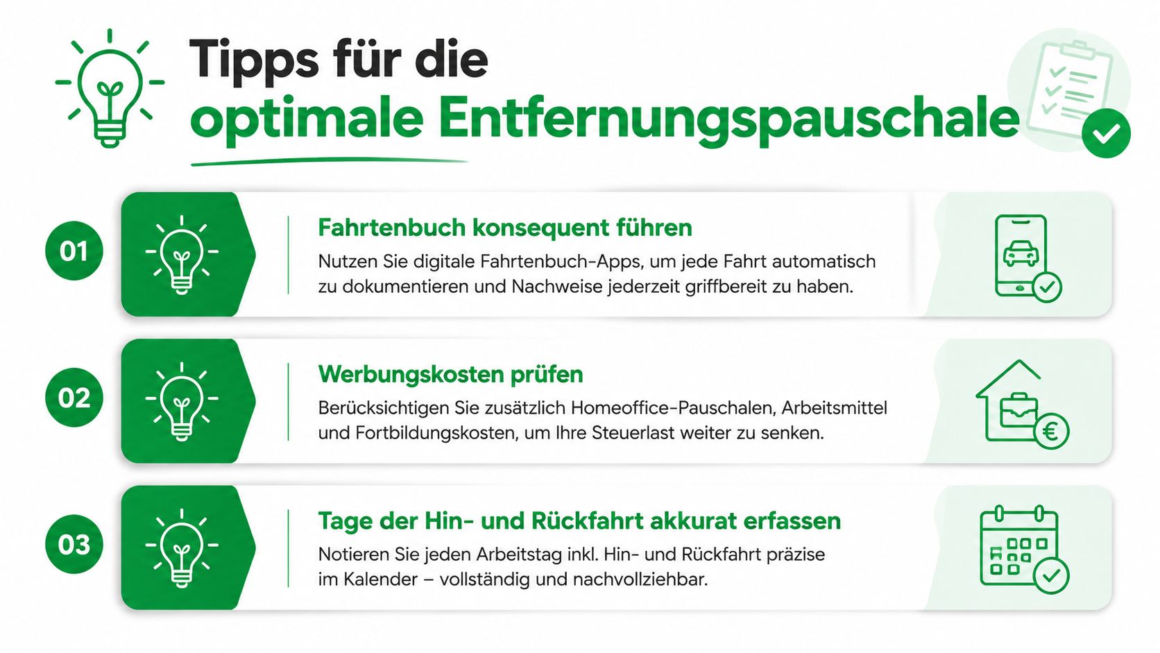 Eine Infografik mit drei Tipps zur optimalen Nutzung der Entfernungspauschale für Arbeitnehmer zur Steuerersparnis.