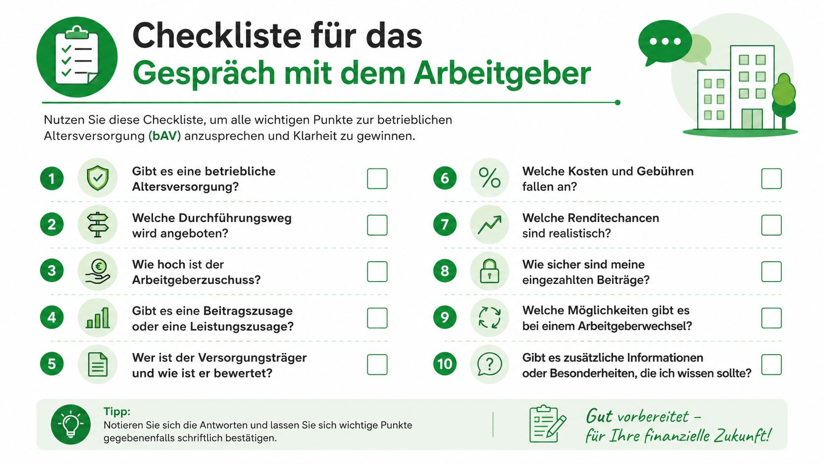 Checkliste für das Gespräch mit dem Arbeitgeber zur betrieblichen Altersvorsorge mit zehn wichtigen Fragen und Tipps.