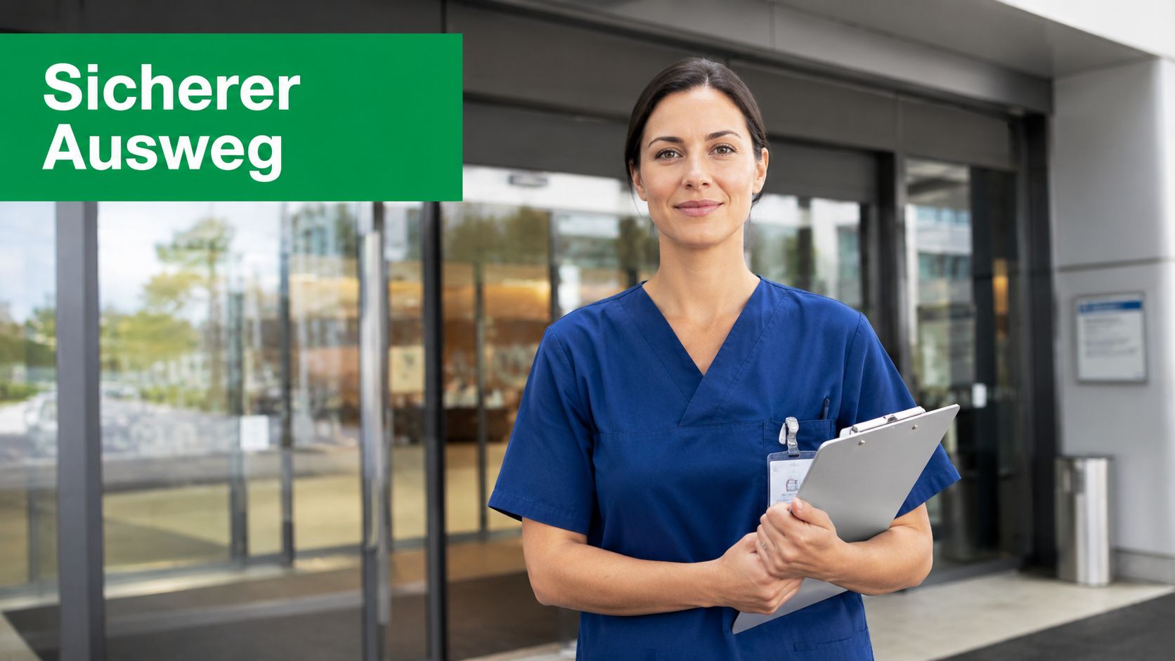 Eine professionelle Krankenschwester steht vor einem modernen Klinikgebäude und hält eine Klemmmappe in der Hand.