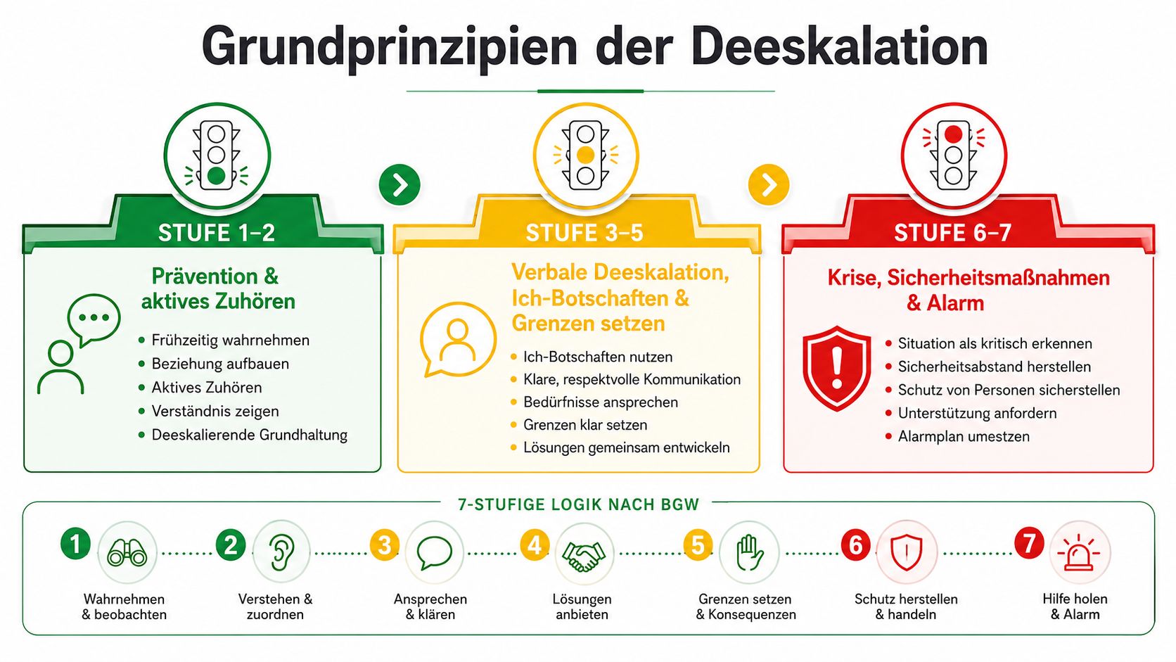Infografik über die 7-stufige Logik der Deeskalation mit Präventionsmaßnahmen, verbalen Techniken und Sicherheitsmaßnahmen bei Krisen.