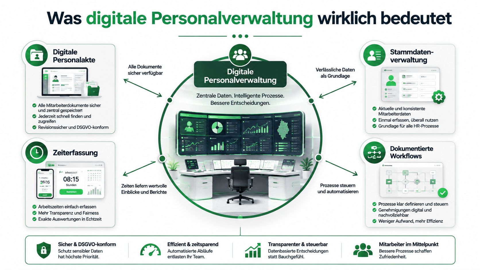 Übersichtsgrafik über die Vorteile einer modernen digitalen Personalverwaltung mit Funktionen wie Zeiterfassung, Dokumentenmanagement und automatisierten Prozessen.
