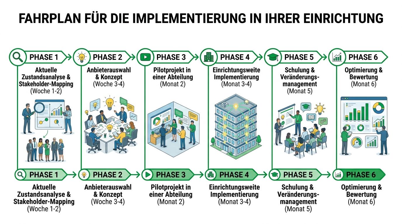 Ein sechsphasiger Fahrplan für die digitale Personalverwaltung mit Zeitangaben von der Analyse bis zur Optimierung.