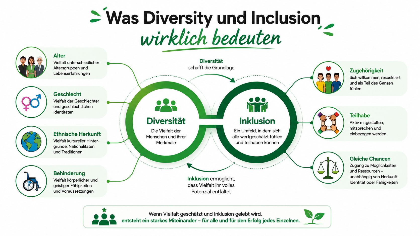 Eine Infografik, die die Konzepte von Diversität und Inklusion sowie deren Bedeutung für das Miteinander im Arbeitsumfeld erklärt.