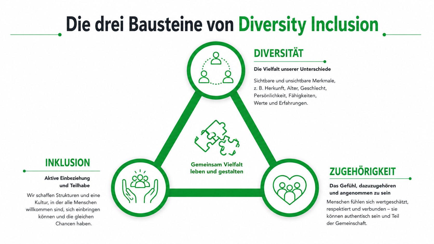 Eine Grafik zeigt die drei Bausteine der Diversity Inclusion: Diversität, Inklusion und Zugehörigkeit mit erklärenden Texten.