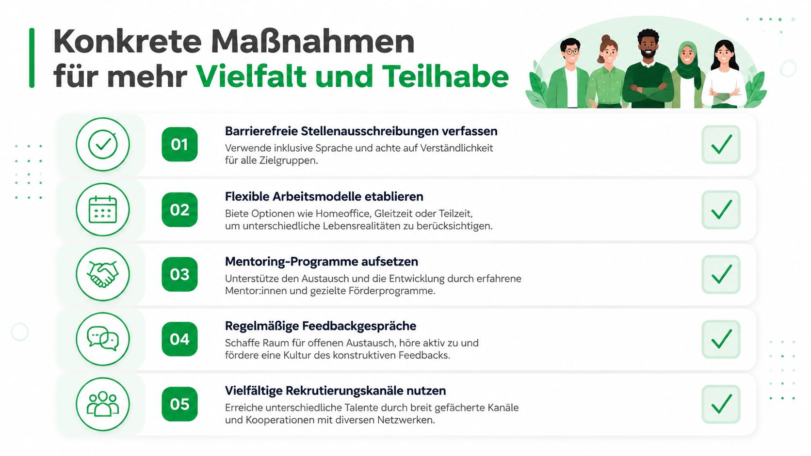 Eine Infografik, die fünf konkrete Maßnahmen zur Förderung von Vielfalt und Teilhabe am Arbeitsplatz übersichtlich darstellt.