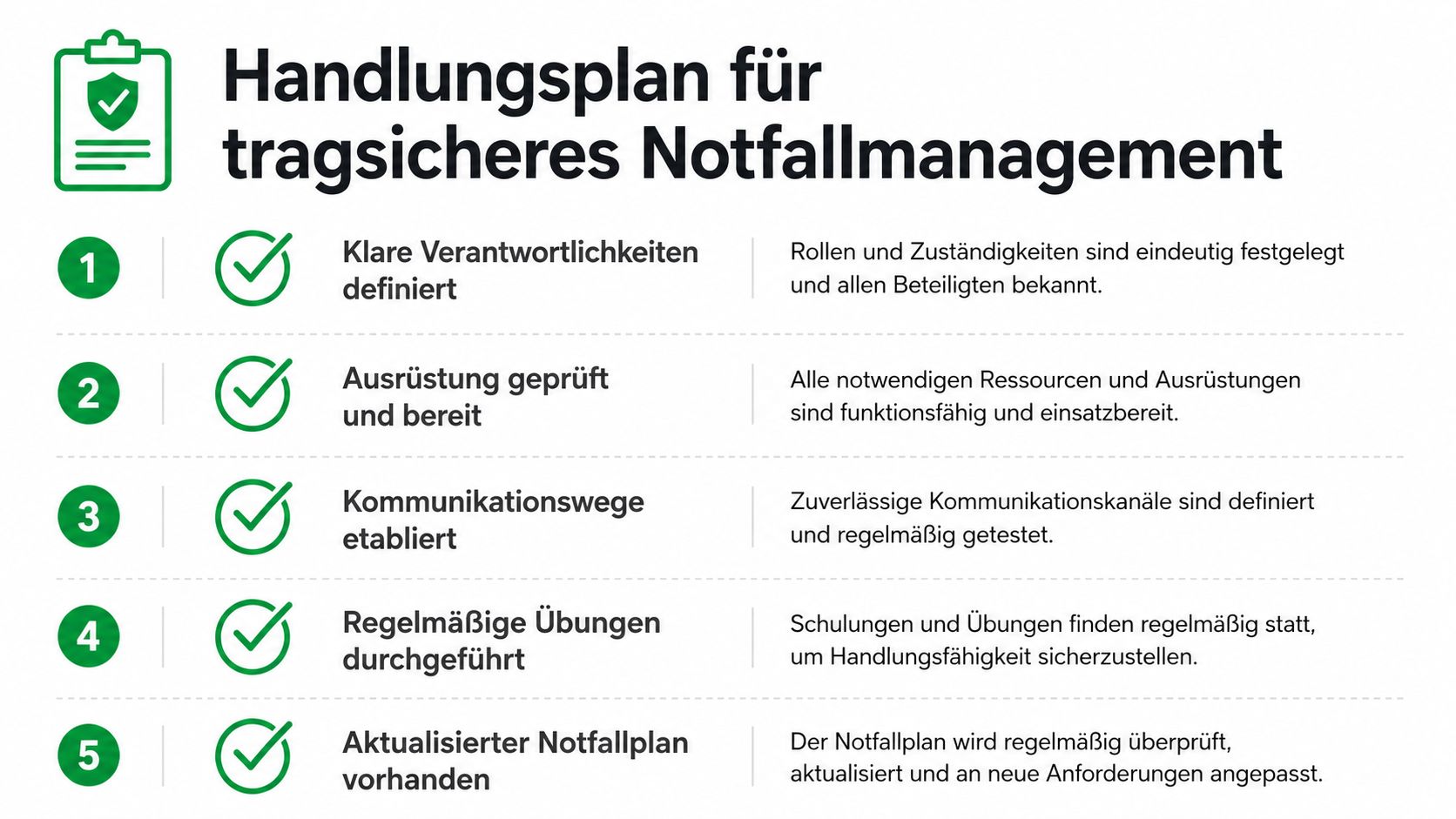 Eine Infografik mit fünf Schritten für ein tragfähiges Notfallmanagement, dargestellt mit Checklisten-Symbolen und erläuternden Texten.