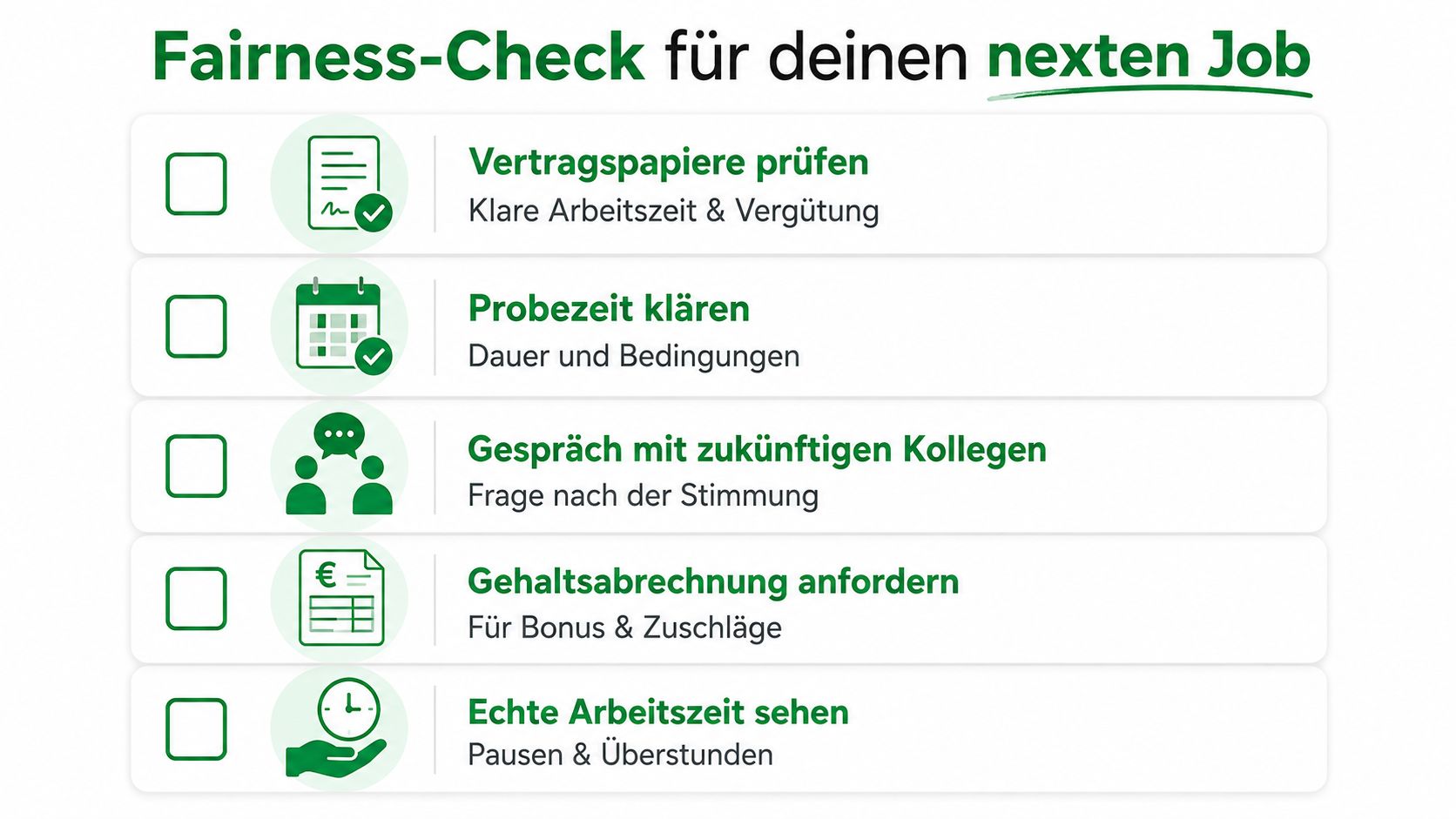 Eine Checkliste für faire Arbeitsbedingungen mit Tipps zur Prüfung von Verträgen, Probezeit, Kollegen, Gehalt und Arbeitszeit.
