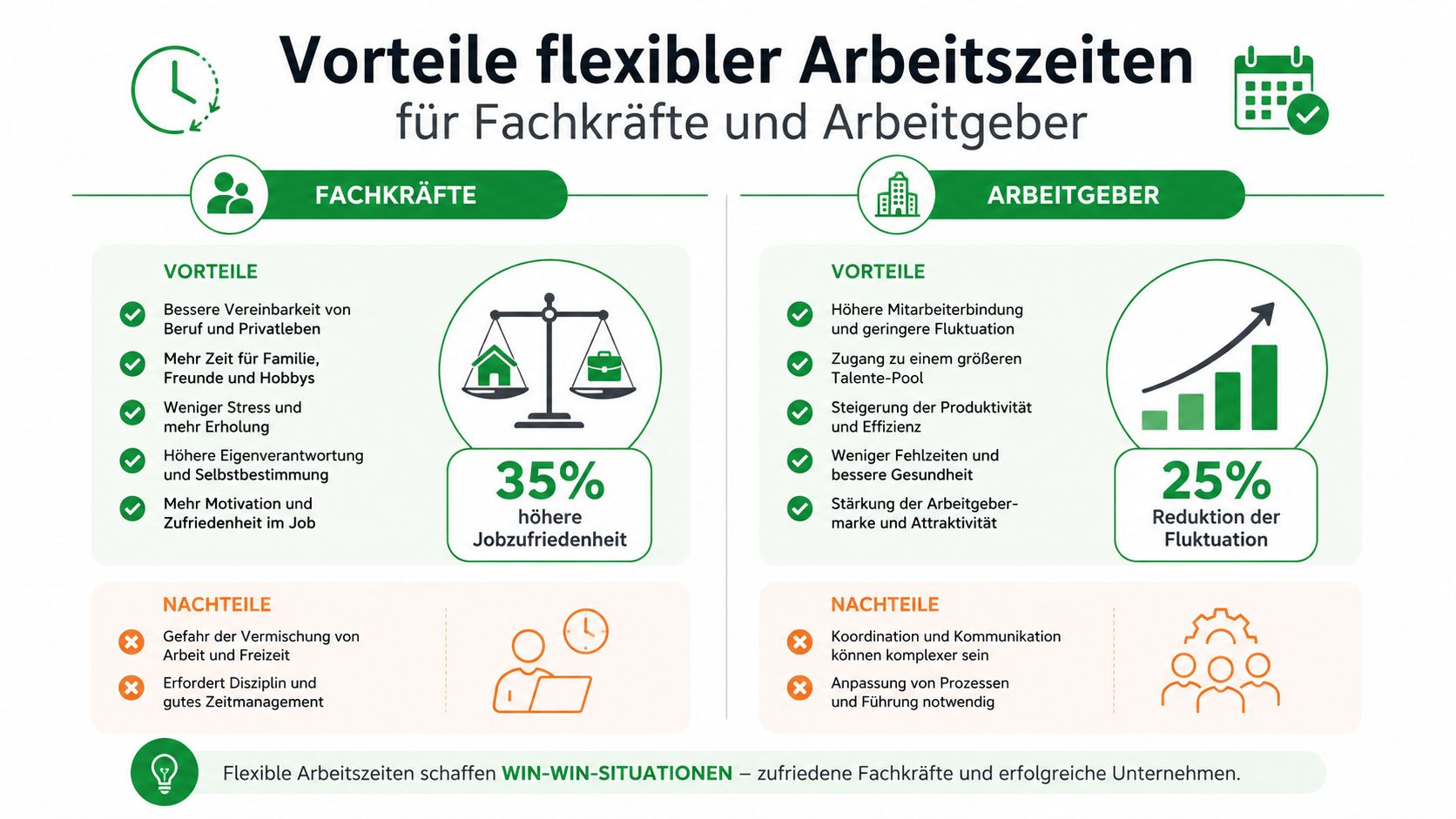 Eine Infografik zeigt die Vorteile und Herausforderungen flexibler Arbeitszeiten für sowohl Arbeitnehmer als auch für Arbeitgeber.