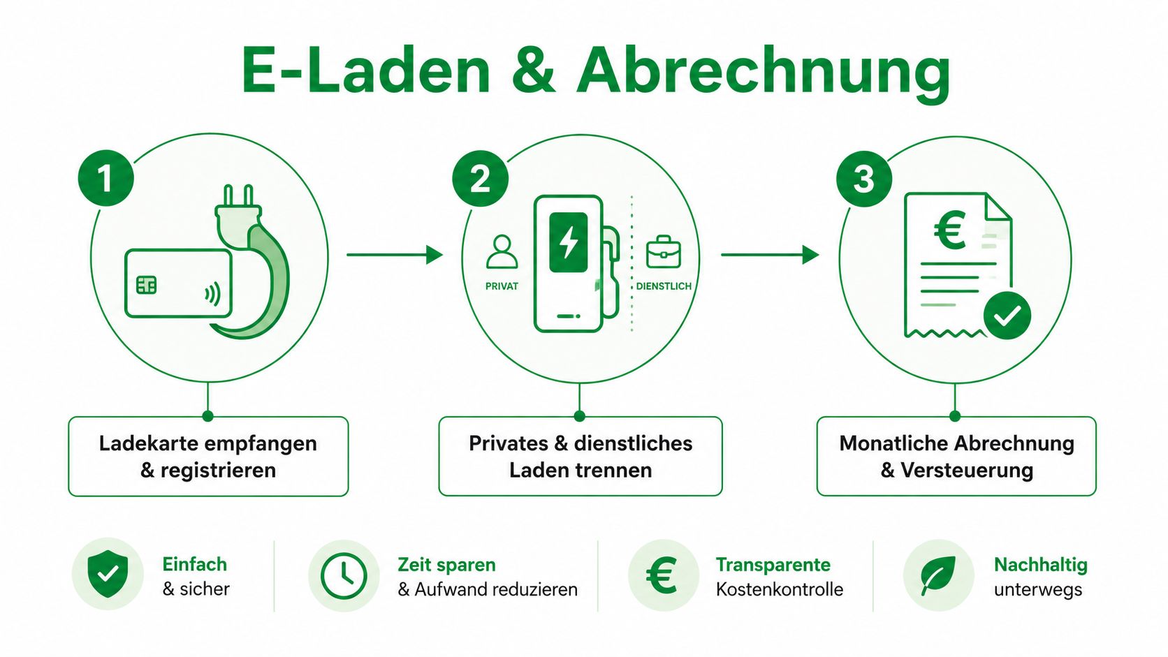 Eine Infografik zeigt in drei einfachen Schritten das E-Laden von Elektrofahrzeugen sowie die automatisierte Abrechnung von Ladevorgängen.