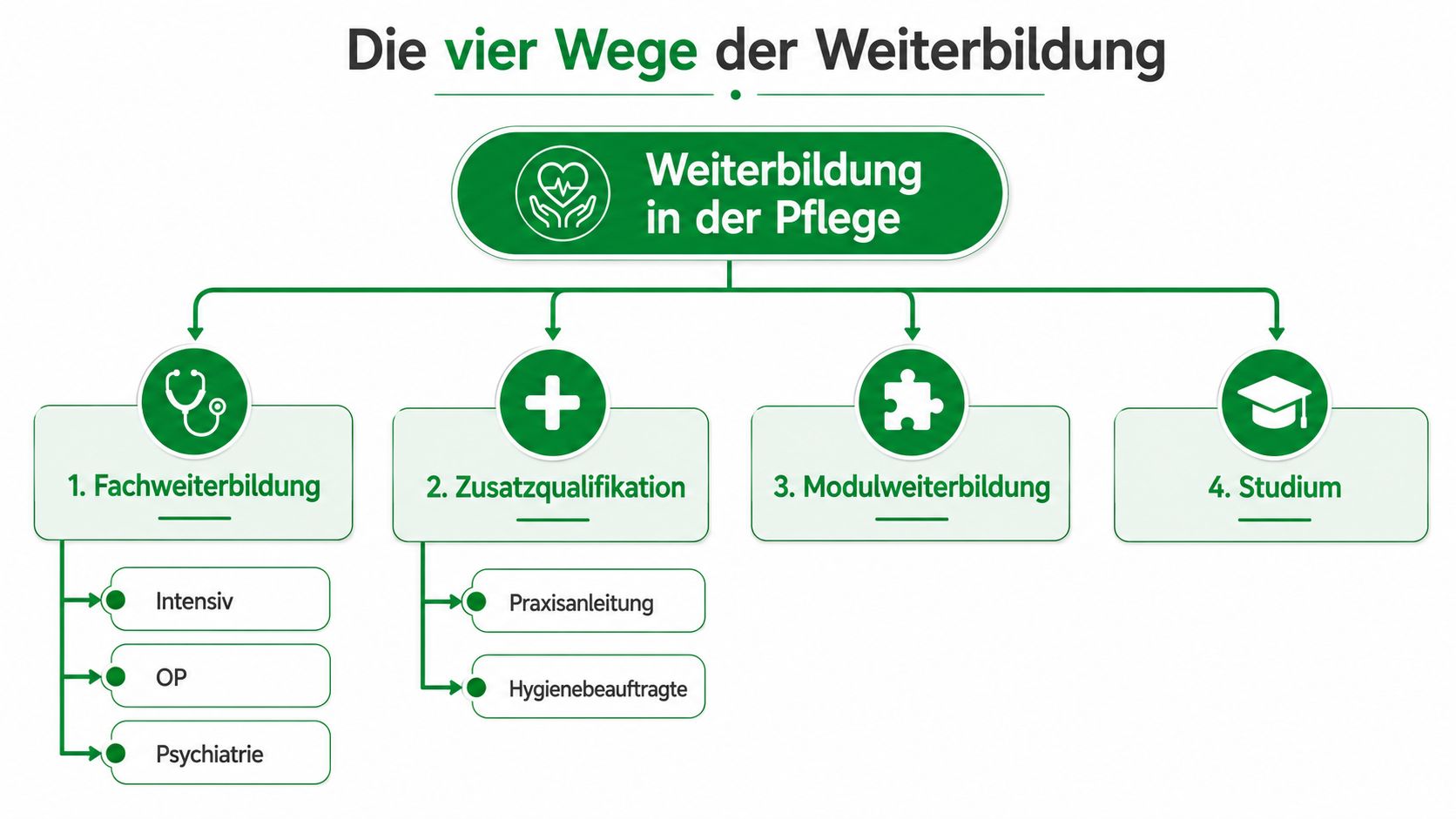 Eine Übersichtsgrafik, die die vier verschiedenen Wege der beruflichen Weiterbildung für Pflegefachkräfte in Deutschland grafisch darstellt.