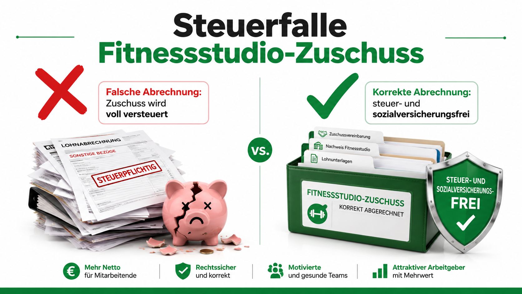 Vergleich zwischen falscher, steuerpflichtiger und korrekter, steuerfreier Abrechnung eines Fitnessstudio-Zuschusses für Mitarbeiter in einem deutschen Unternehmen.