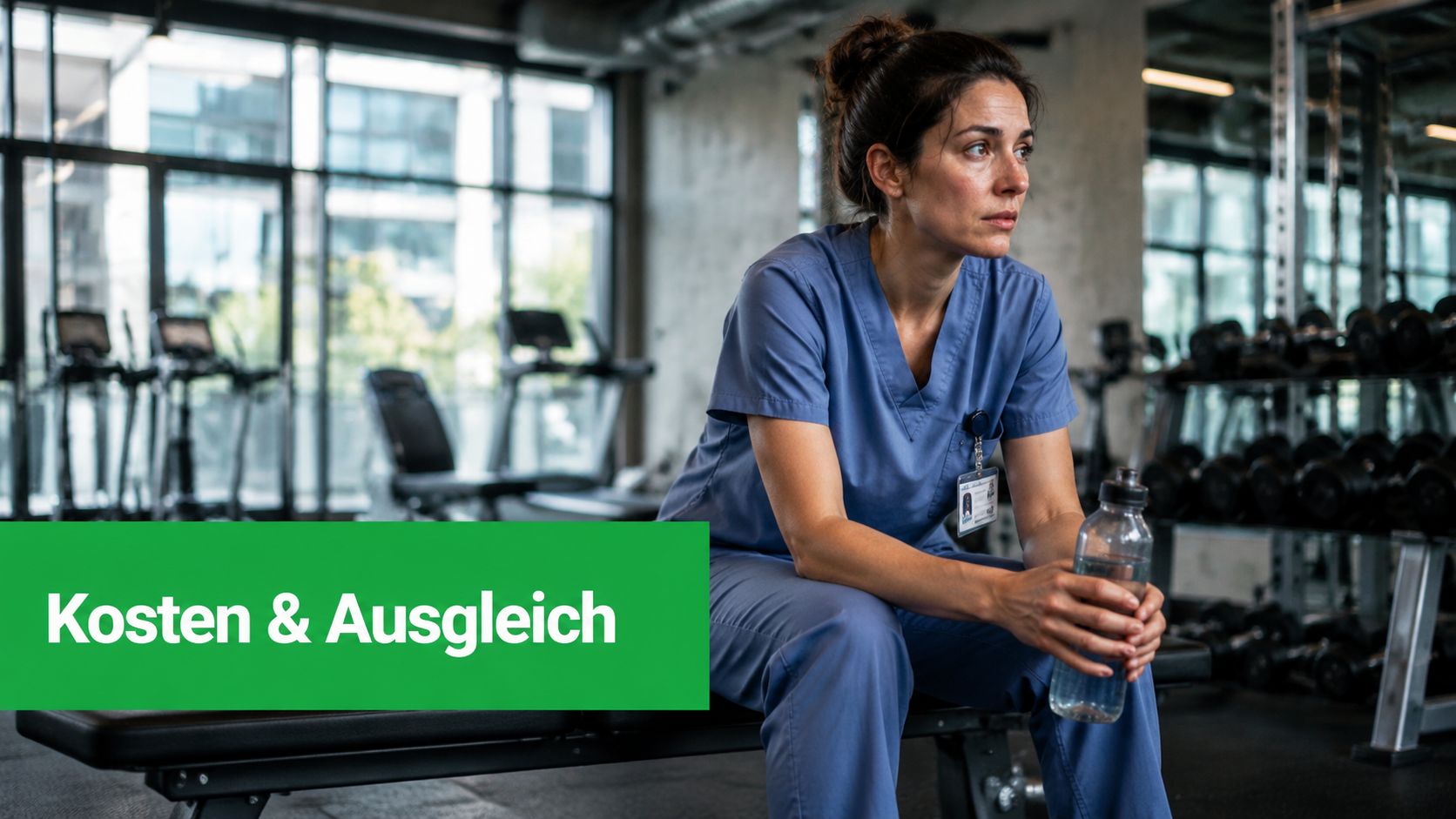 Eine erschöpfte Krankenschwester sitzt in Sportkleidung in einem Fitnessstudio und hält eine Wasserflasche zur Erholung in der Hand.