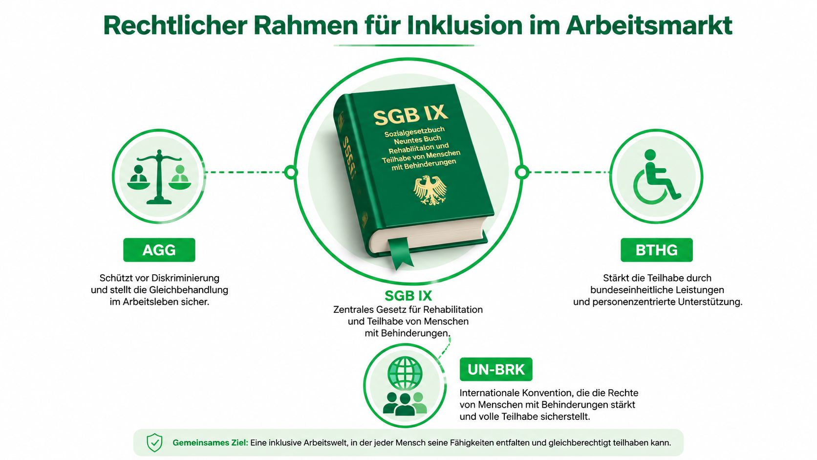 Infografik zum rechtlichen Rahmen für Inklusion im Arbeitsmarkt durch SGB IX, AGG, BTHG und die UN-BRK.
