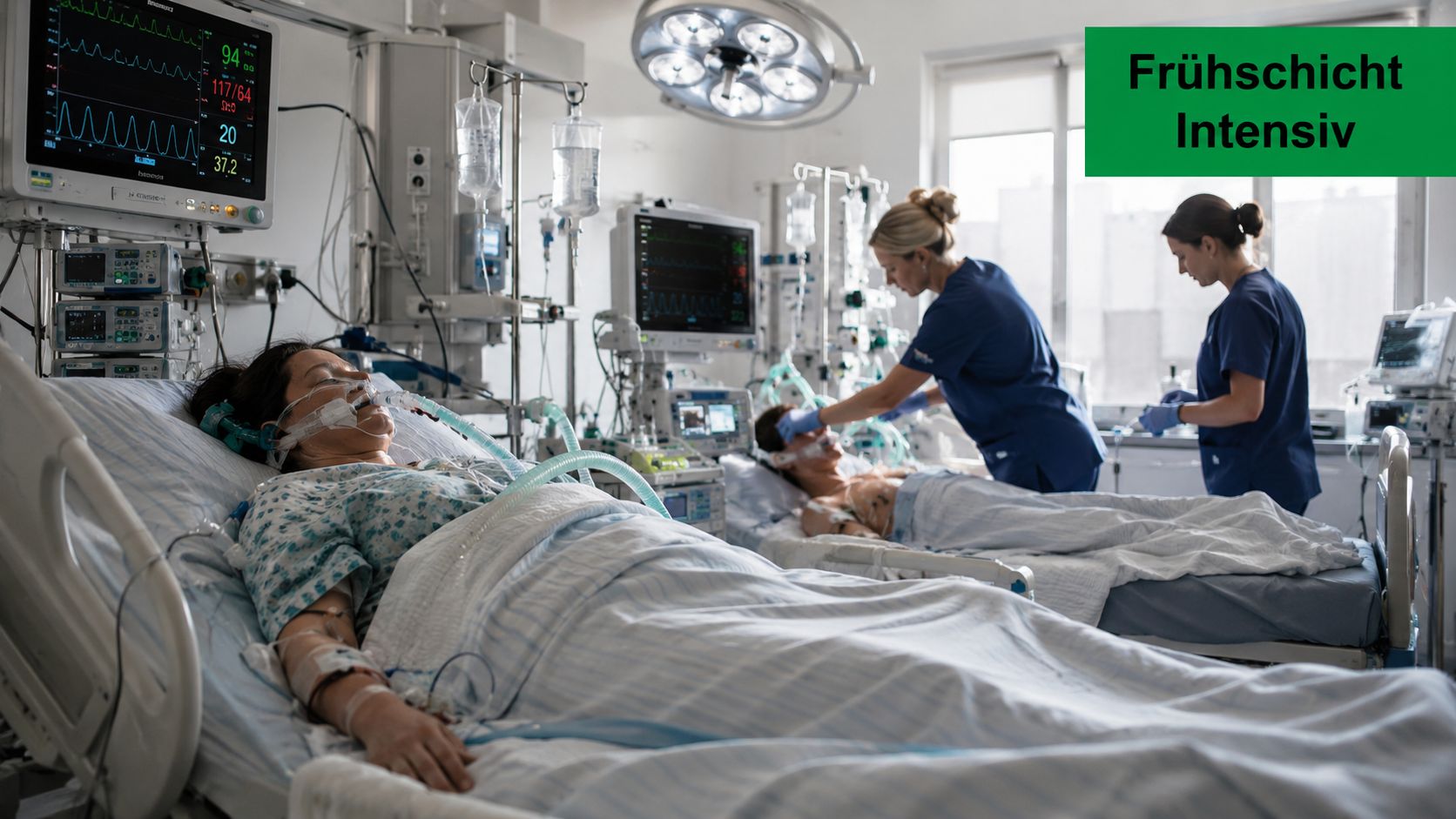 Zwei Pflegekräfte betreuen Patienten auf einer Intensivstation mit verschiedenen medizinischen Überwachungsgeräten und Beatmungsgeräten im Krankenhaus.