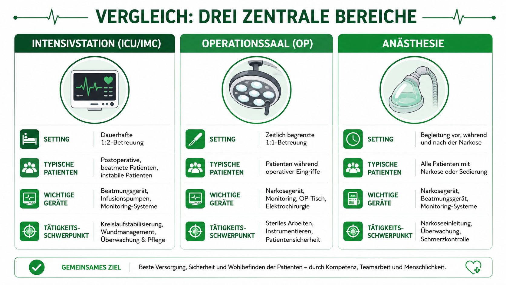 Vergleich der Arbeitsbereiche Intensivstation, Operationssaal und Anästhesie mit Fokus auf Aufgaben, Patienten und notwendige medizinische Geräte.