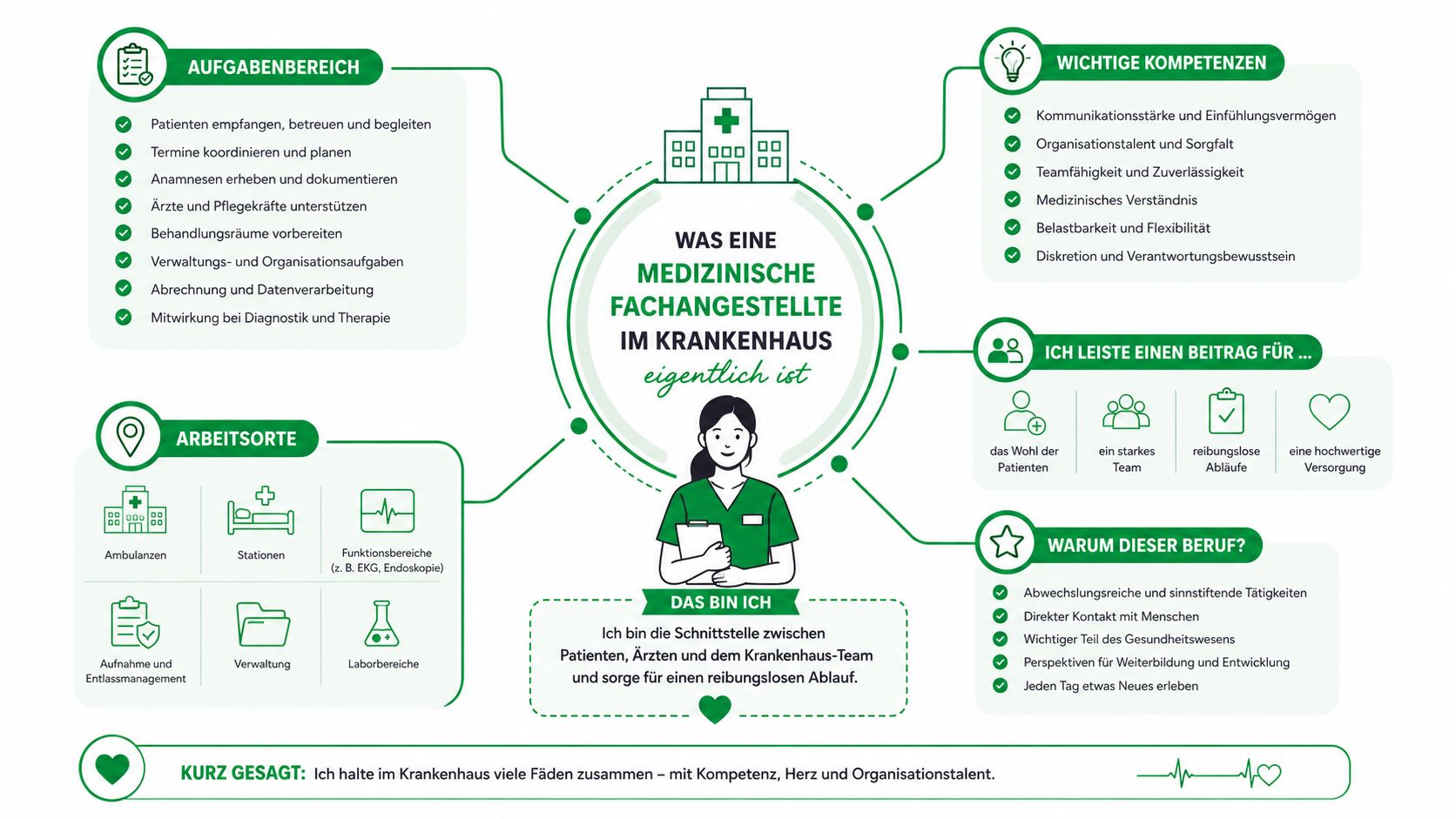 Infografik über das Berufsbild der medizinischen Fachangestellten im Krankenhaus mit Aufgaben, Kompetenzen, Arbeitsorten und den Vorteilen des Berufs.