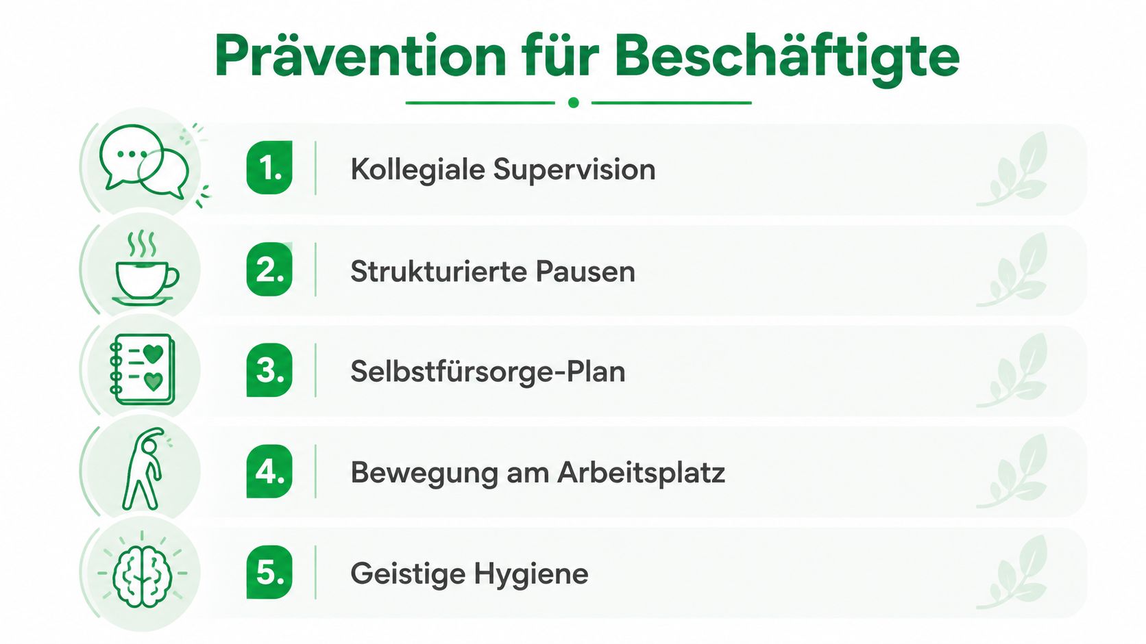 Eine Infografik mit fünf Tipps zur Prävention für Beschäftigte am Arbeitsplatz für eine bessere psychische Gesundheit.