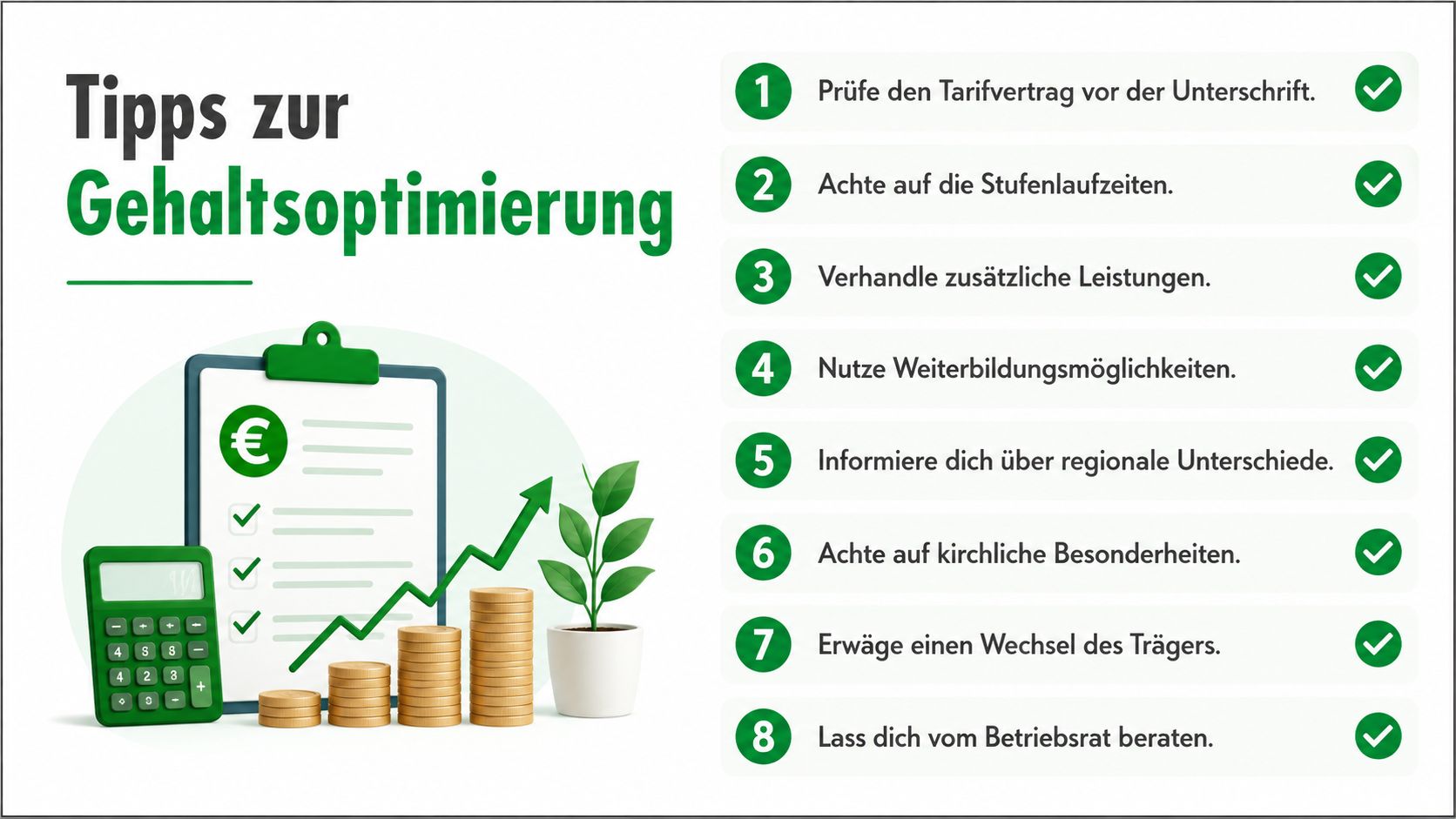 Infografik mit acht Tipps zur Gehaltsoptimierung, dargestellt durch eine Checkliste, Geldstapel, eine Pflanze und einen Taschenrechner.