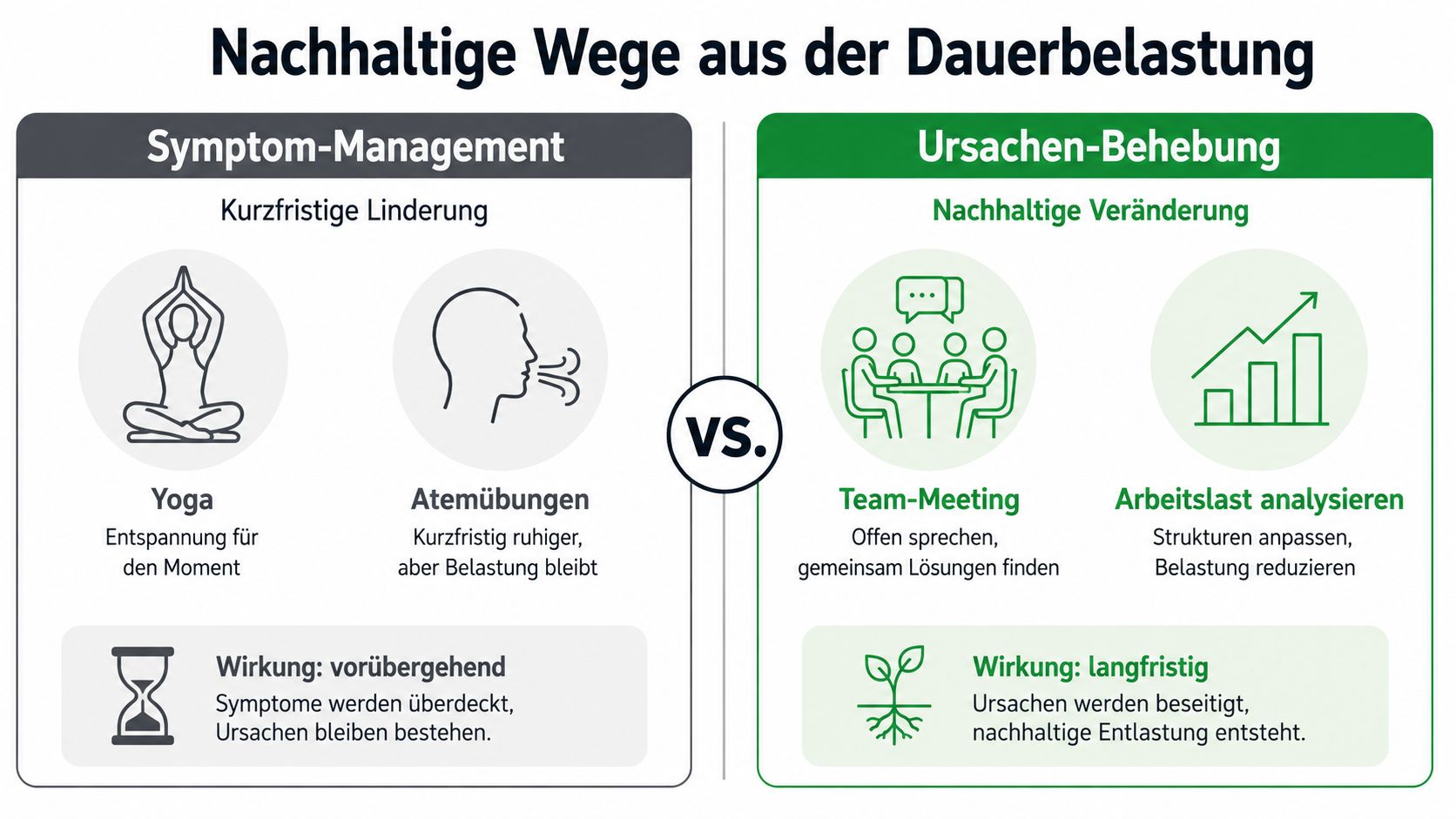 Vergleich zwischen kurzfristigem Symptom-Management durch Entspannung und nachhaltiger Ursachenbehebung durch strukturelle Veränderungen im beruflichen Kontext.
