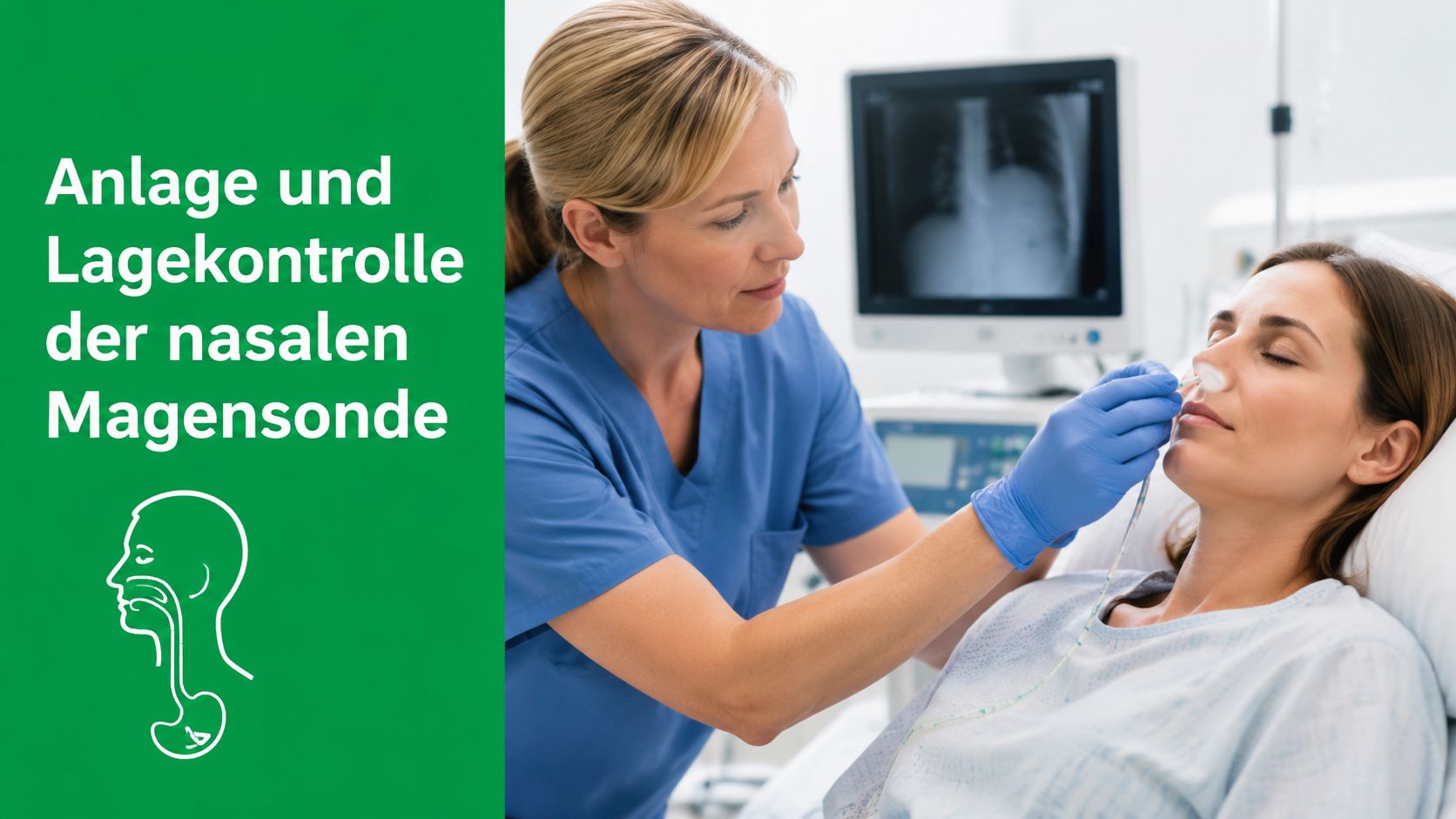 Eine Krankenschwester legt einer Patientin eine nasale Magensonde zur enteralen Ernährung in einer klinischen Umgebung.
