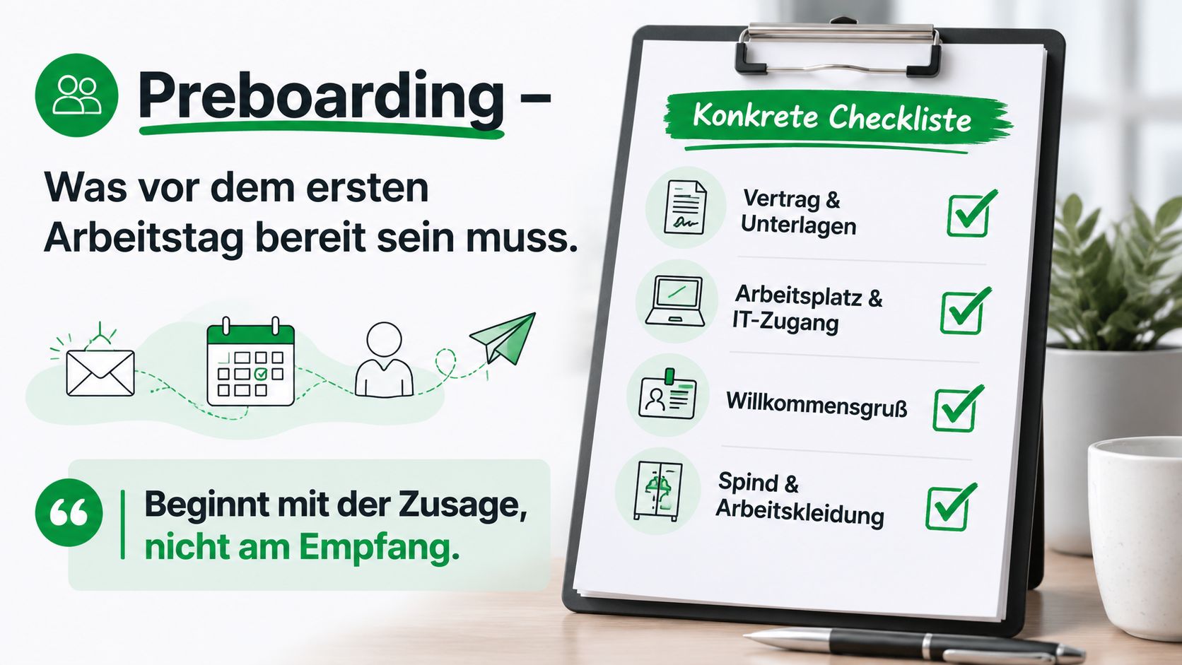 Eine Checkliste für das Preboarding neuer Mitarbeiter mit wichtigen Vorbereitungen vor dem ersten offiziellen Arbeitstag.