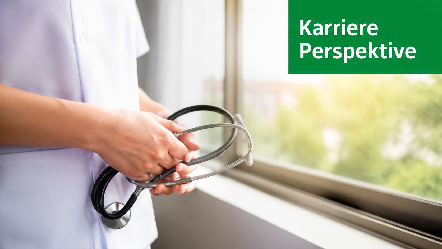 Eine Pflegekraft hält ein Stethoskop in den Händen und blickt nachdenklich aus dem Fenster einer Klinik.