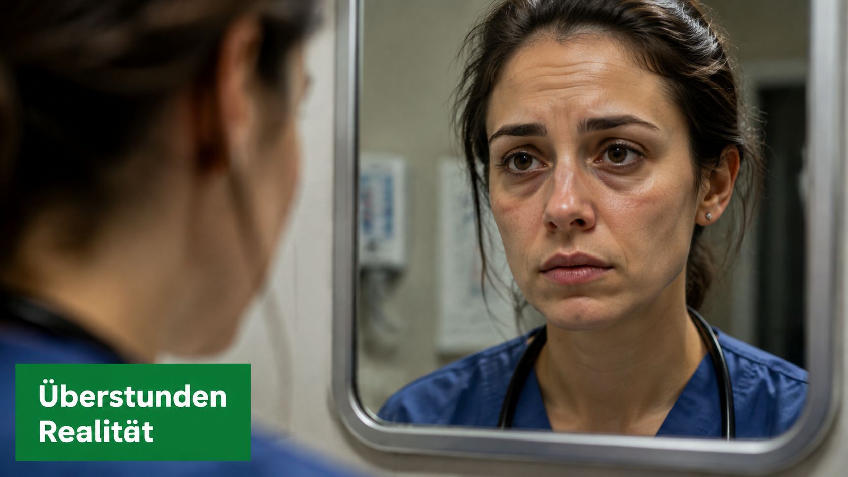 Eine erschöpfte Krankenschwester blickt in einen Spiegel, was die harte Realität von Überstunden im Krankenhaus verdeutlicht.