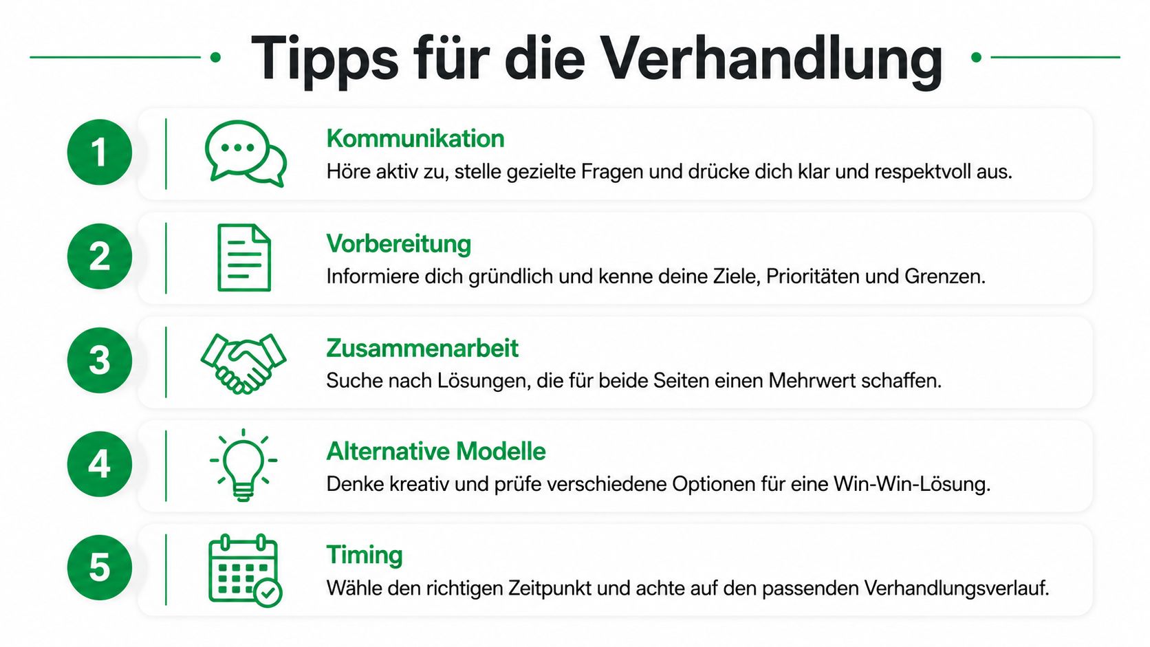 Eine Infografik mit fünf praktischen Tipps für eine erfolgreiche und professionelle Verhandlungsführung in deutscher Sprache.