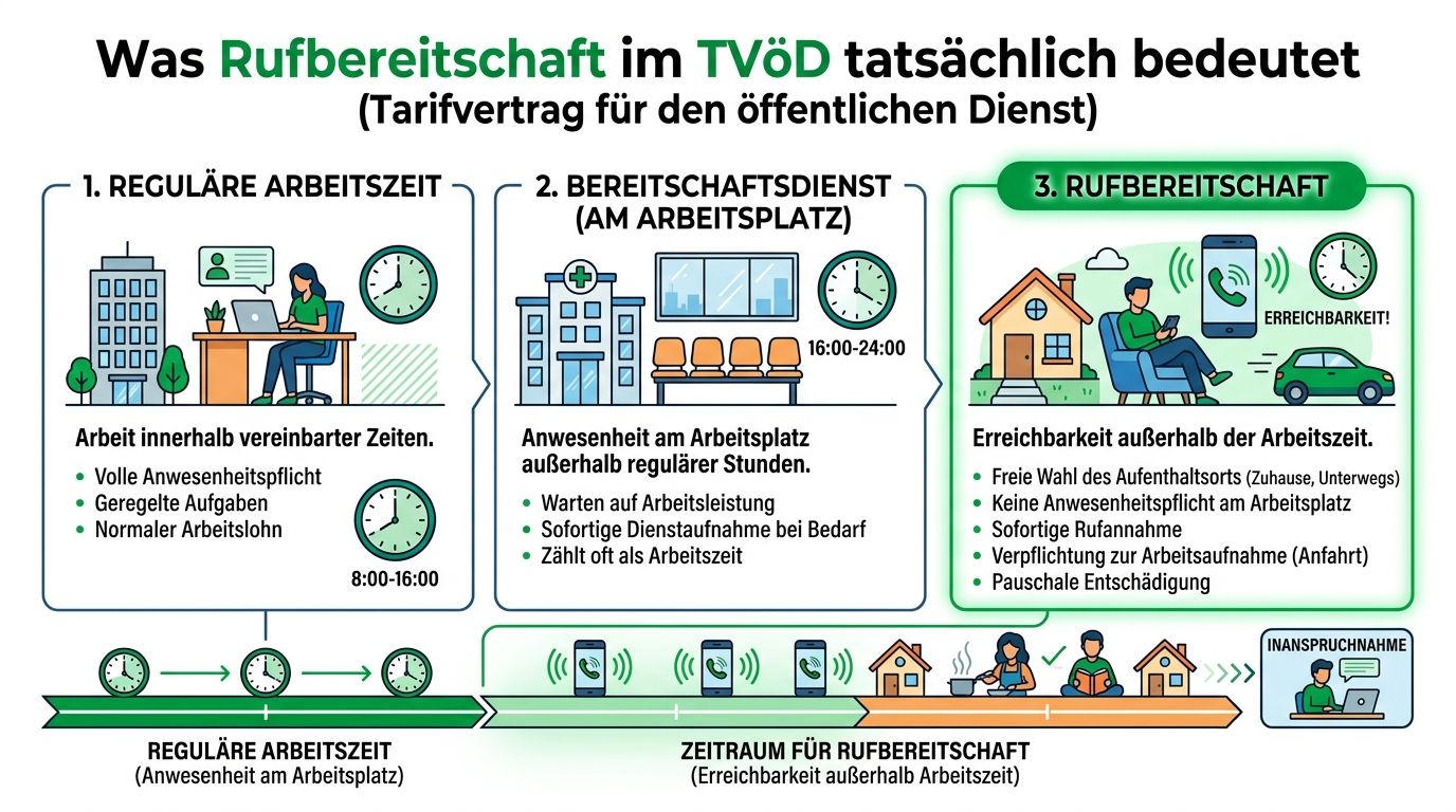 Infografik zum TVöD: Unterschiede zwischen regulärer Arbeitszeit, Bereitschaftsdienst am Arbeitsplatz und Rufbereitschaft außerhalb der Arbeitszeit.