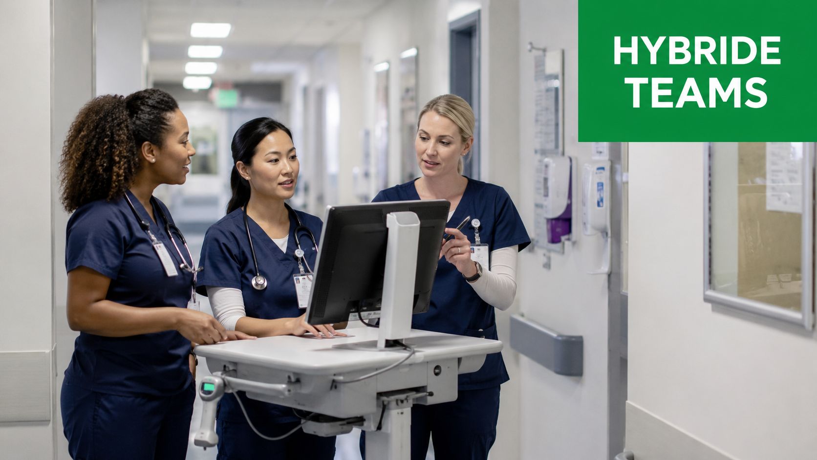 Drei medizinische Fachkräfte arbeiten gemeinsam an einer mobilen Computerstation auf einem Krankenhausflur, um Patientendaten zu besprechen.