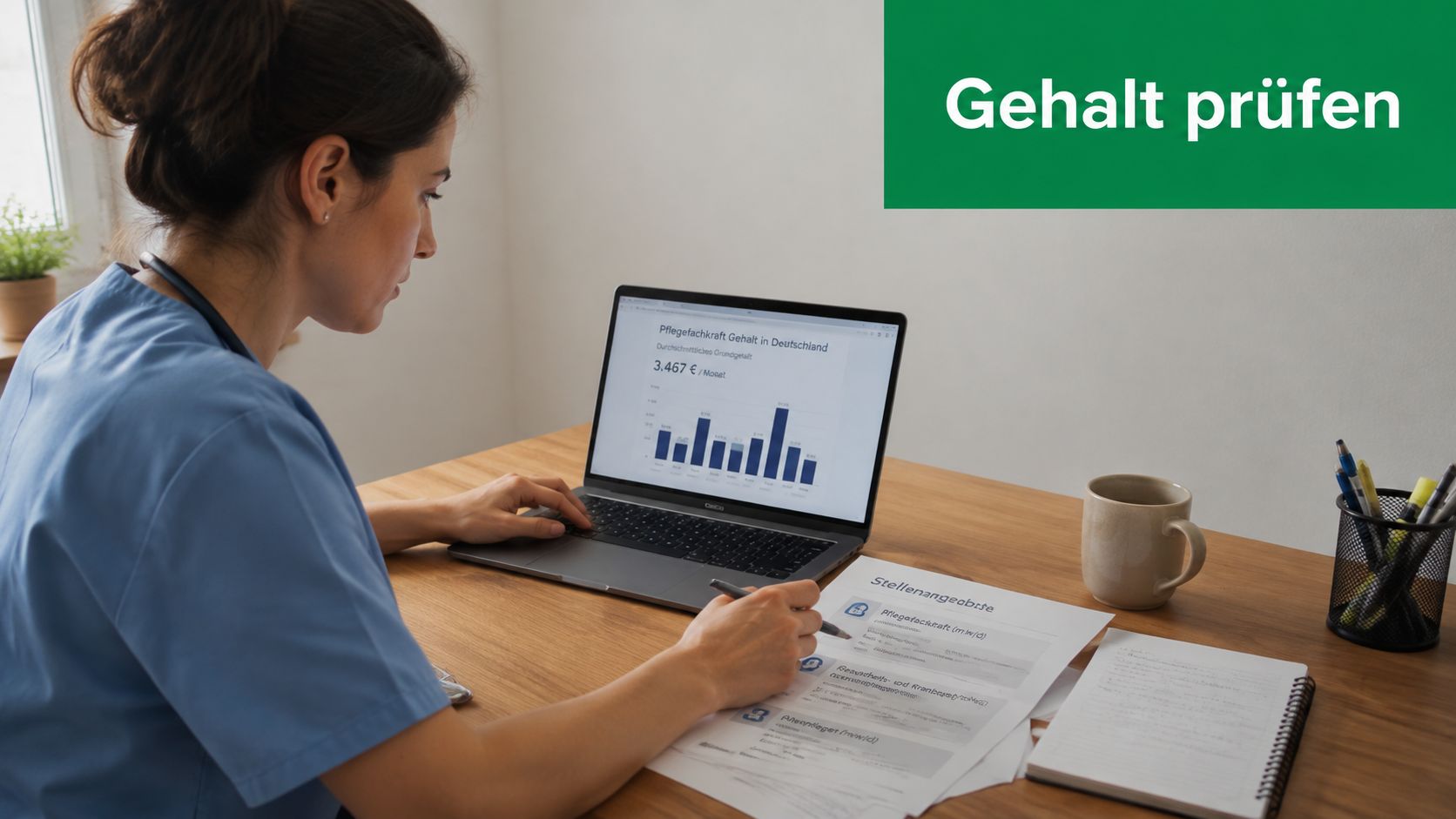 Eine Pflegekraft sitzt am Schreibtisch und prüft auf ihrem Laptop Informationen zum durchschnittlichen Gehalt in Deutschland.