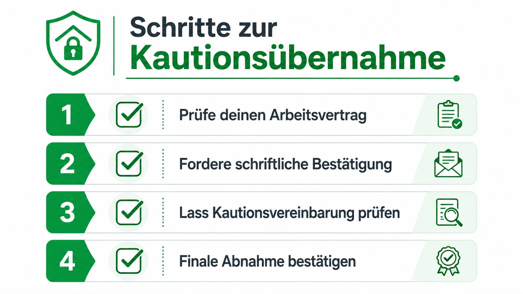 Eine Infografik mit vier Schritten zur Kautionsübernahme, die den Prozess strukturiert und übersichtlich in deutscher Sprache darstellt.
