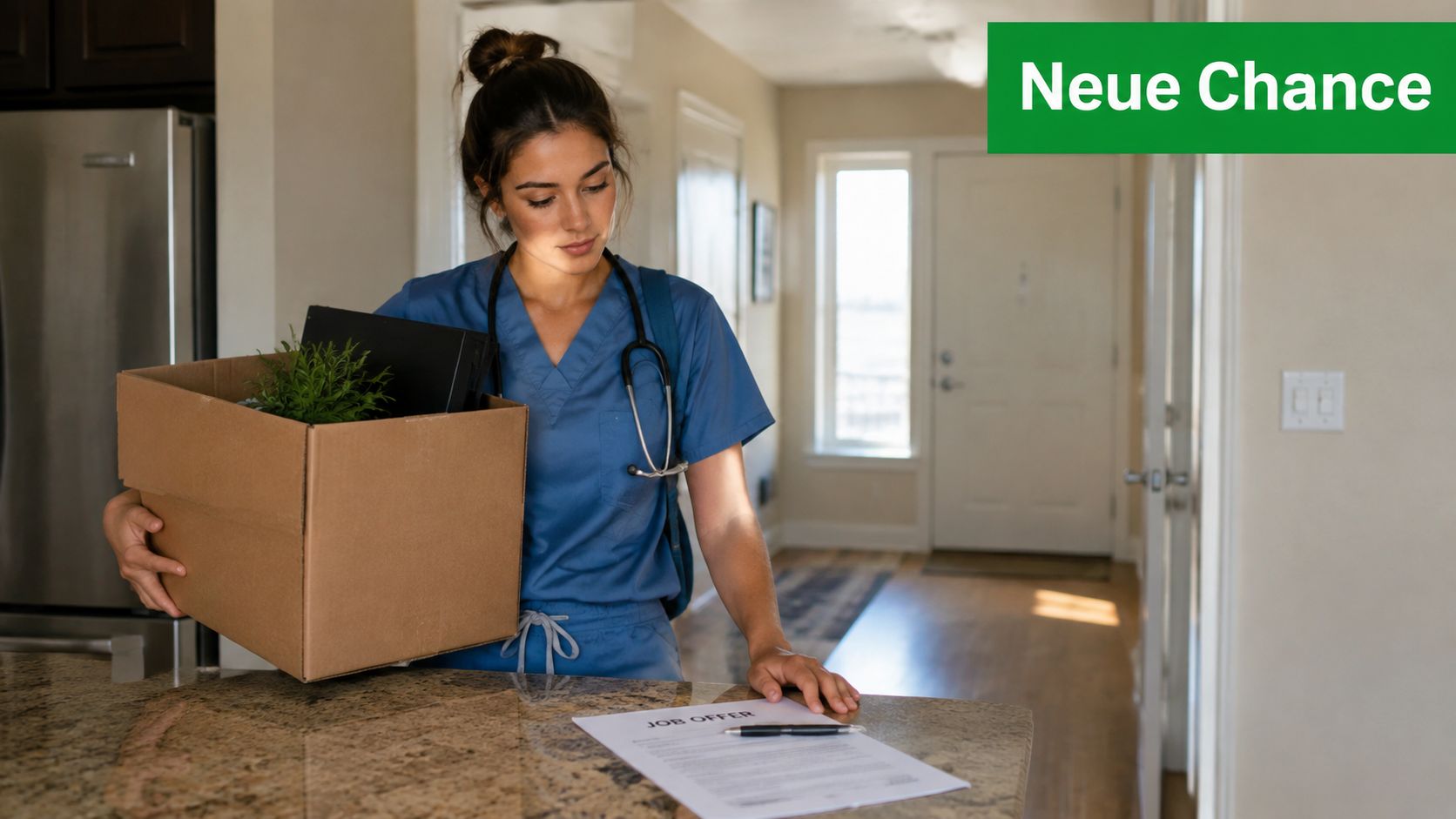 Eine Krankenschwester hält einen Umzugskarton und betrachtet ein unterschriftsreifes Stellenangebot auf einer Küchentheke.