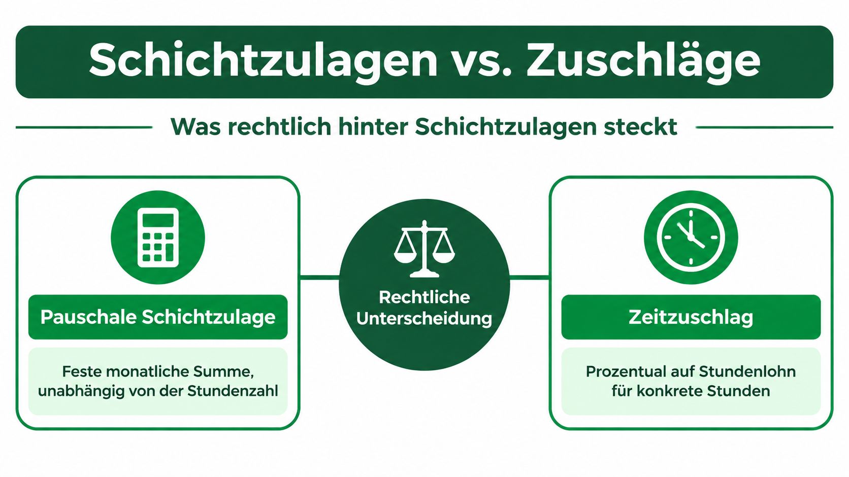 Infografik zum rechtlichen Unterschied zwischen pauschalen Schichtzulagen und prozentualen Zeitzuschlägen für Arbeitnehmer im Schichtdienst.