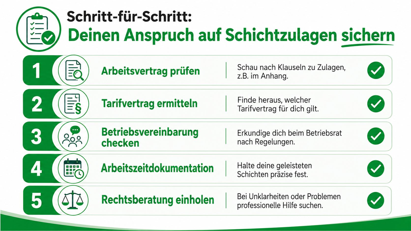 Eine Infografik mit fünf Schritten, um den eigenen Anspruch auf Schichtzulagen am Arbeitsplatz erfolgreich zu sichern.