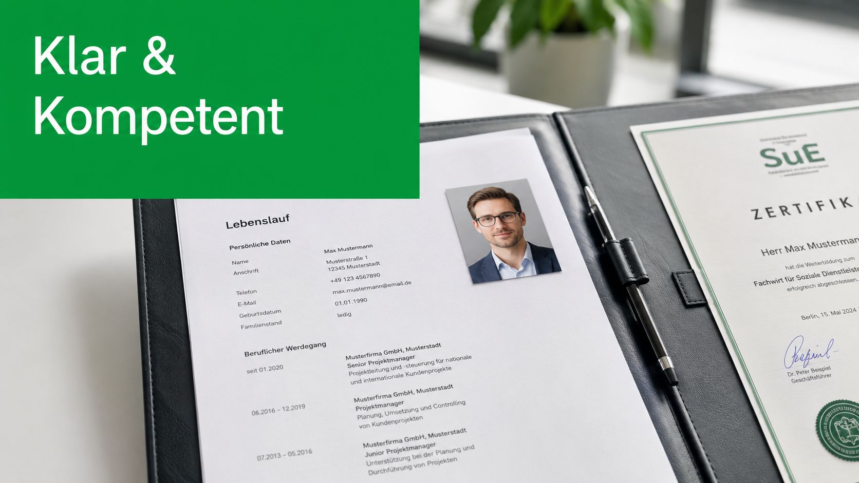 Ein strukturierter Lebenslauf und ein berufliches Zertifikat liegen ordentlich in einer schwarzen Bewerbungsmappe auf einem Schreibtisch.