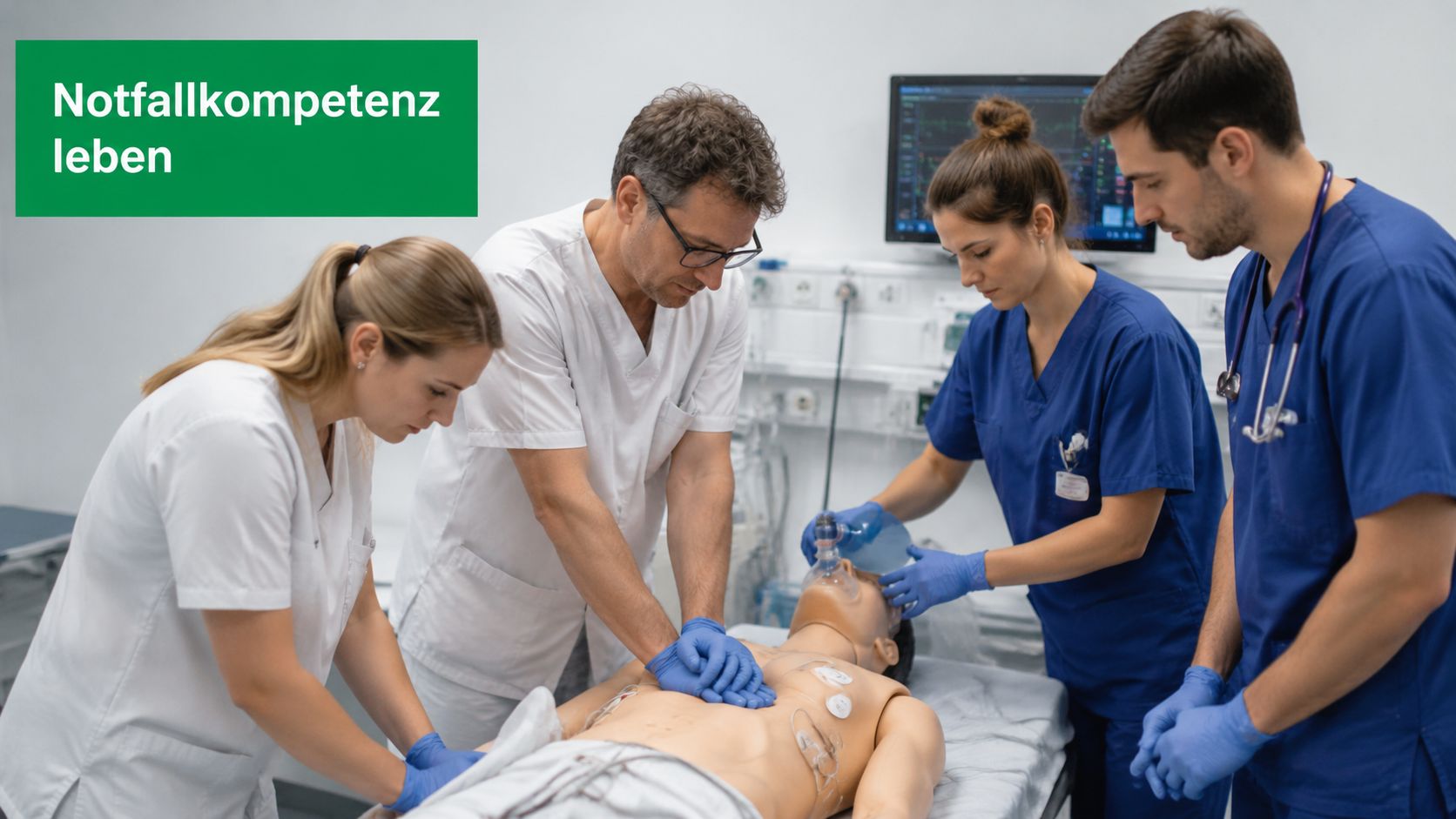 Ein medizinisches Team trainiert an einer Simulationspuppe lebensrettende Maßnahmen im Rahmen der Notfallkompetenz in einem Krankenhaus.