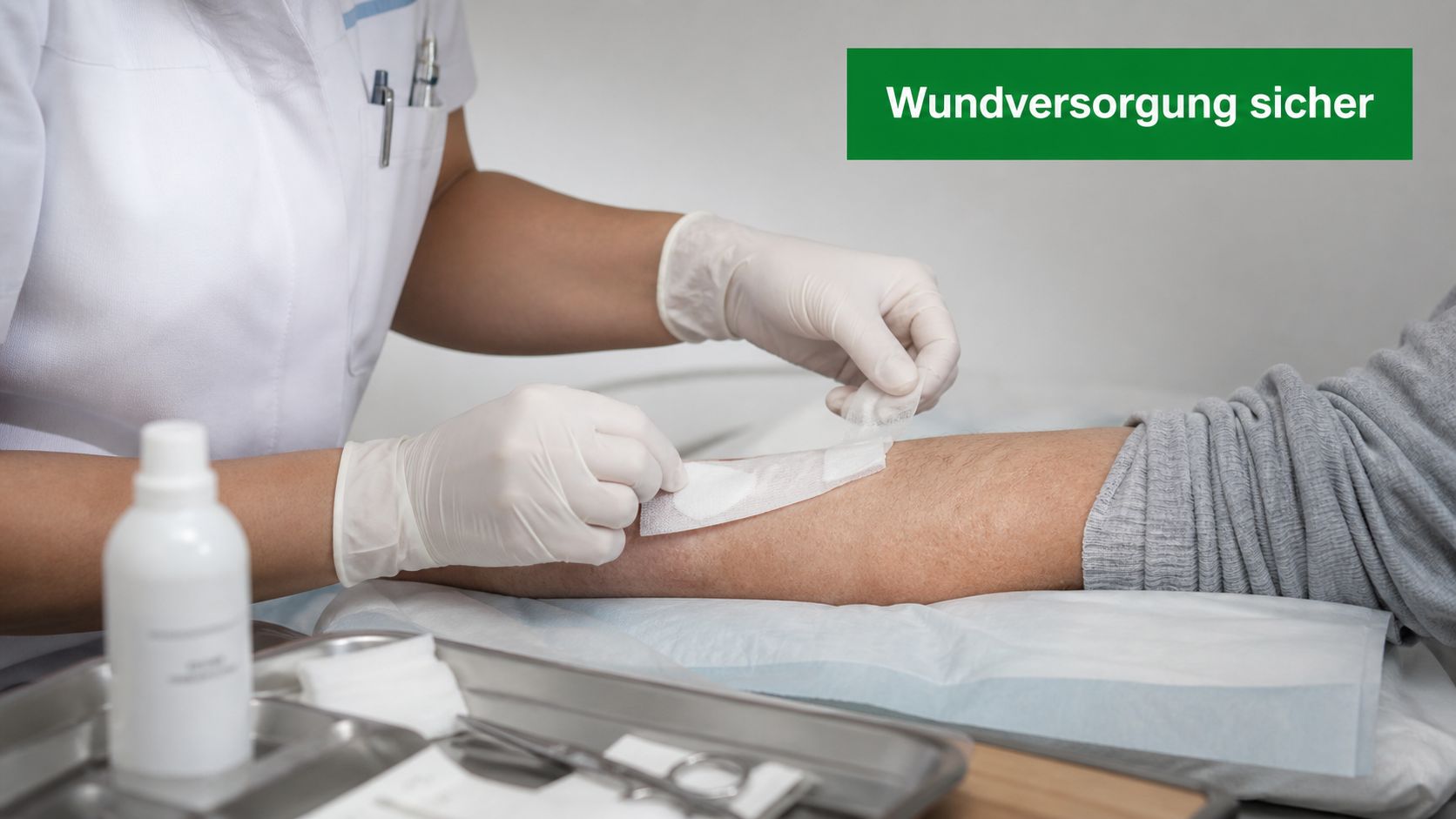 Eine professionelle Pflegekraft versorgt mit Handschuhen fachgerecht die Wunde am Arm eines Patienten in einer Arztpraxis.