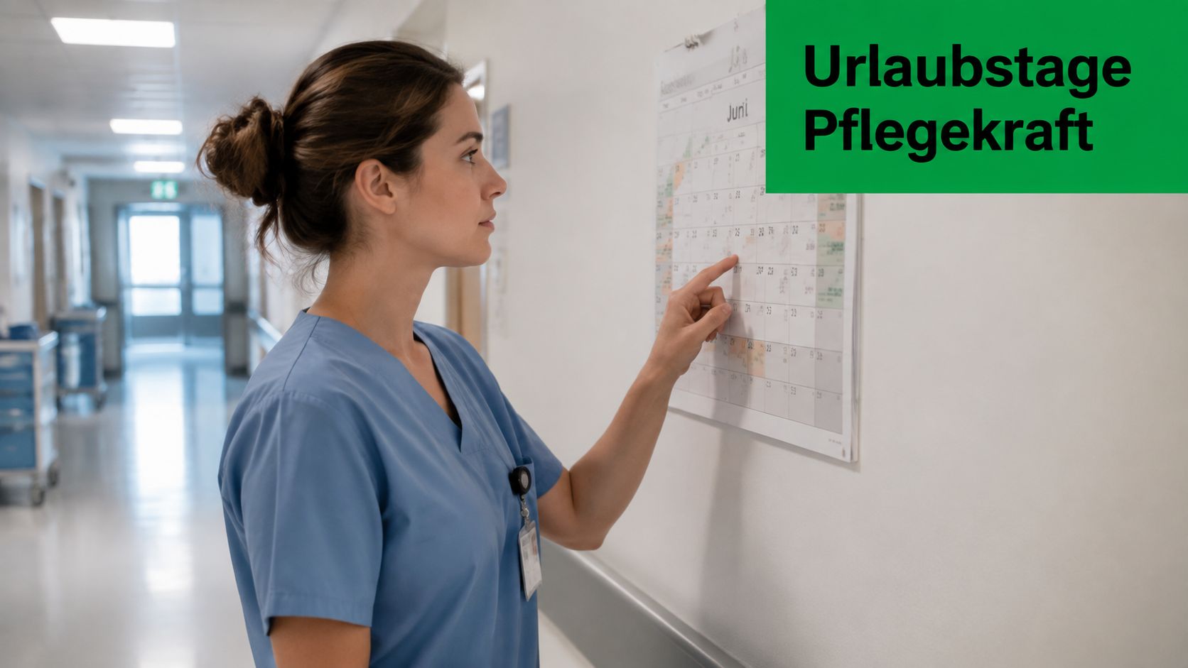 Eine Pflegekraft in blauer Arbeitskleidung plant ihre freien Urlaubstage an einem großen Wandkalender in einem Krankenhausflur.