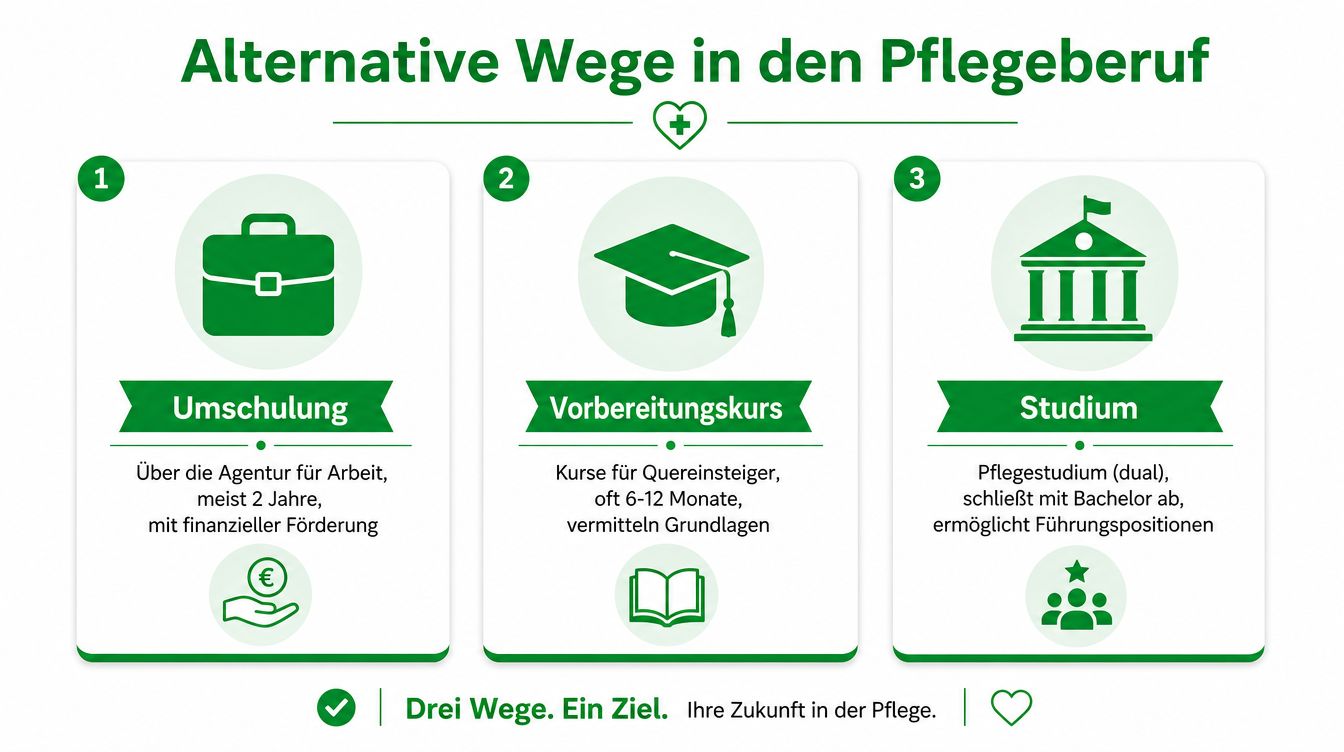 Infografik zeigt drei alternative Wege in den Pflegeberuf: Umschulung, Vorbereitungskurs und Studium für eine Karriere in der Pflege.