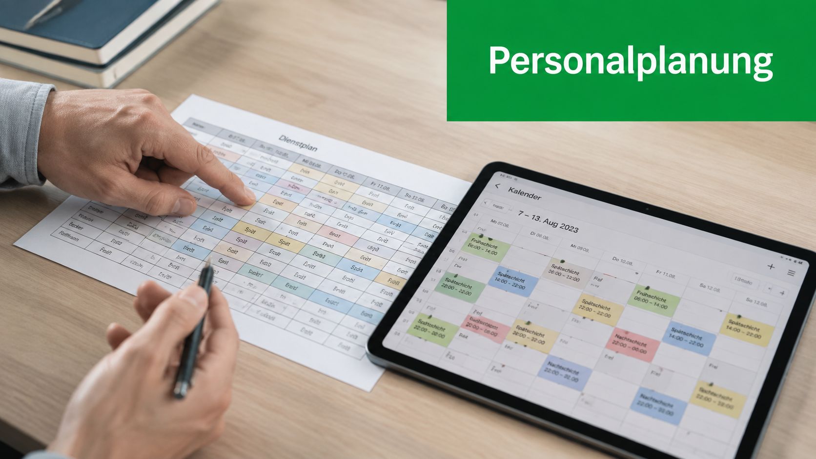 Eine Person plant Dienstpläne auf einem Blatt Papier und einem Tablet für eine professionelle Personalplanung im Gesundheitswesen.