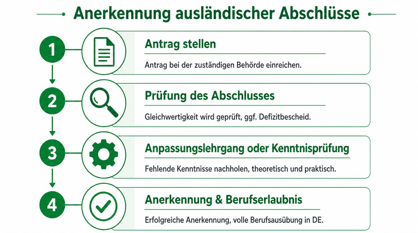 Infografik zeigt die vier Schritte zur Anerkennung ausländischer Berufsabschlüsse in Deutschland von der Antragstellung bis zur Berufserlaubnis.