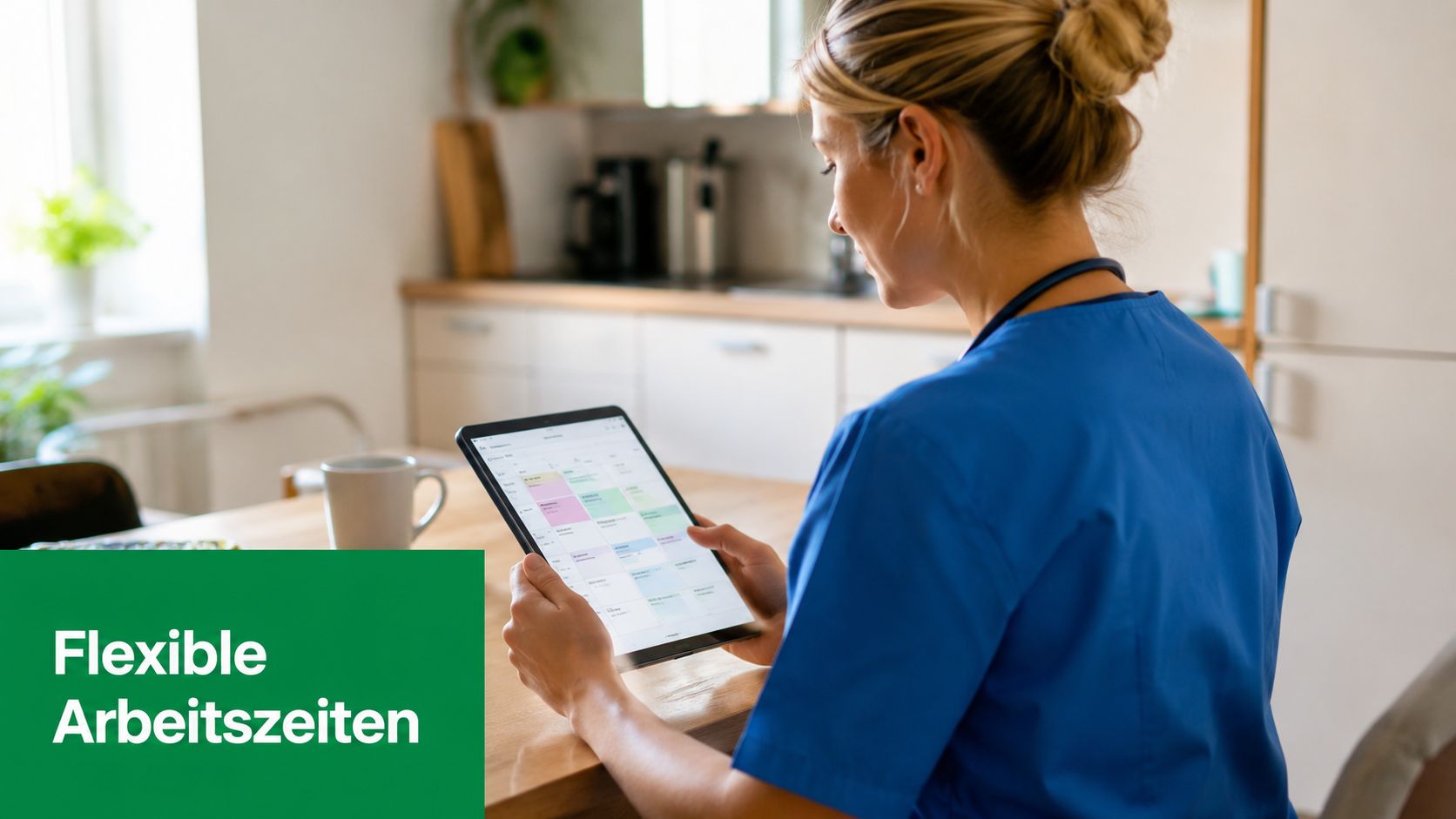 Eine Pflegekraft in blauer Arbeitskleidung plant ihre Schichten flexibel und digital auf einem Tablet zu Hause.