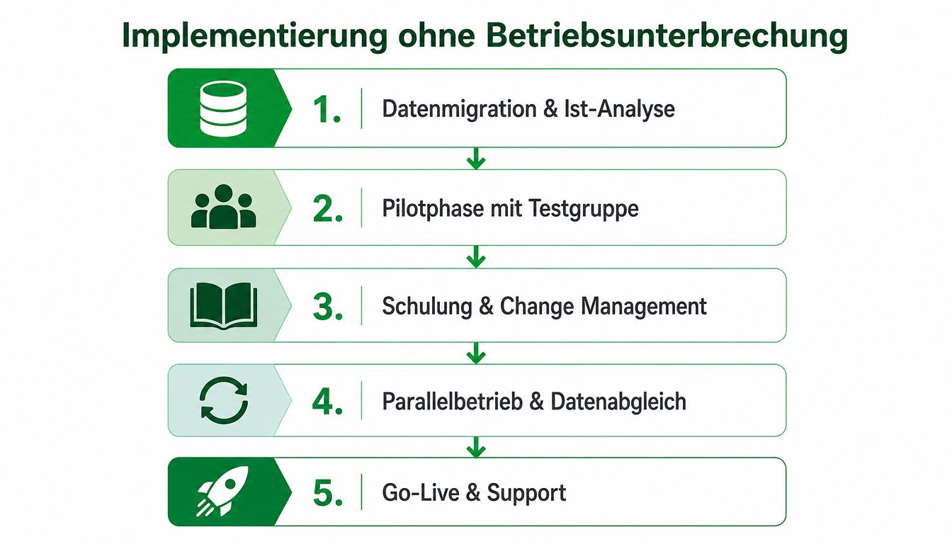 Grafische Darstellung einer Implementierung ohne Betriebsunterbrechung, unterteilt in fünf aufeinanderfolgende Prozessschritte von der Datenmigration bis zum Support.