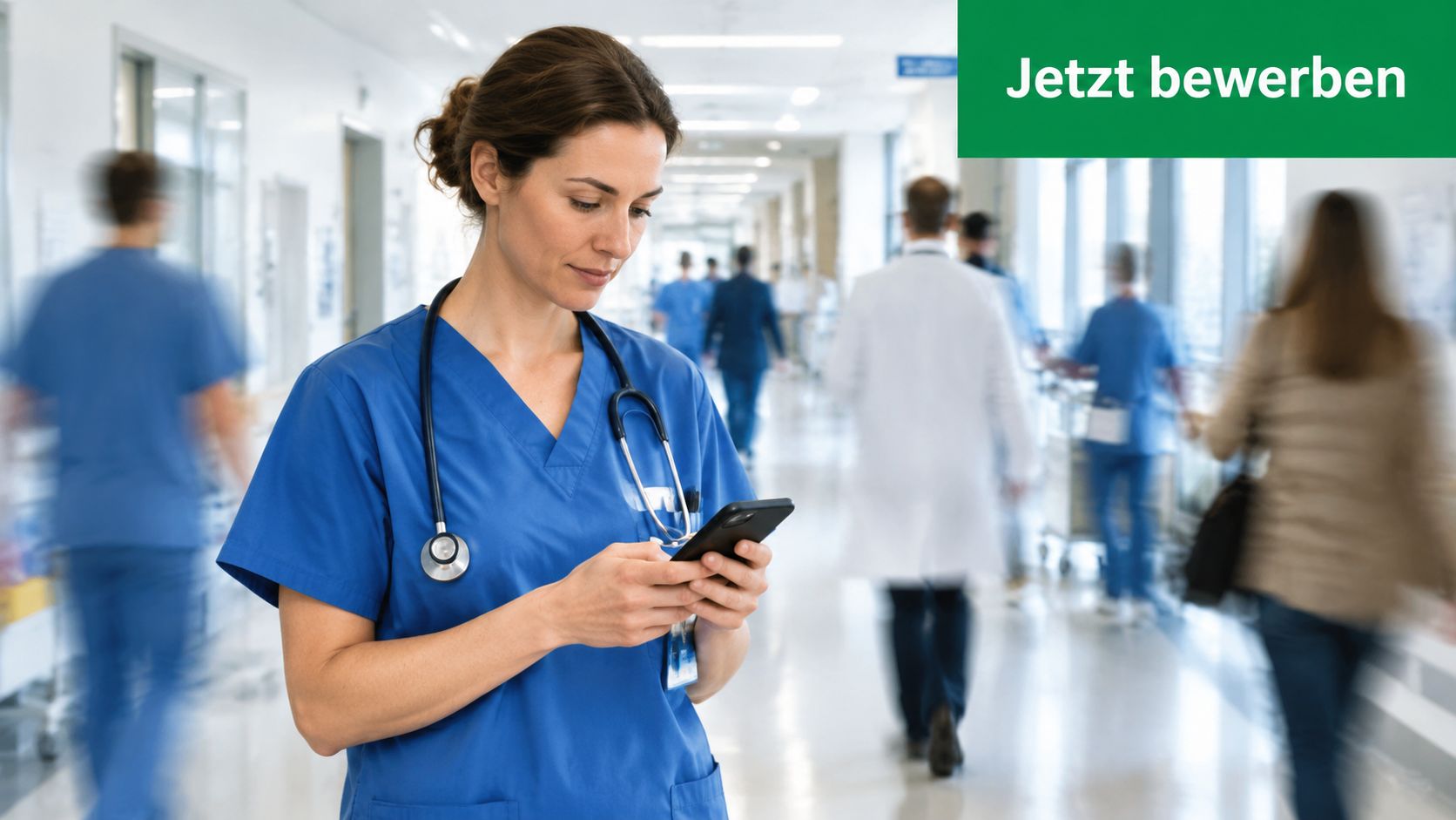Eine Krankenschwester in blauer Arbeitskleidung blickt in einem belebten Krankenhausflur auf ihr Smartphone.